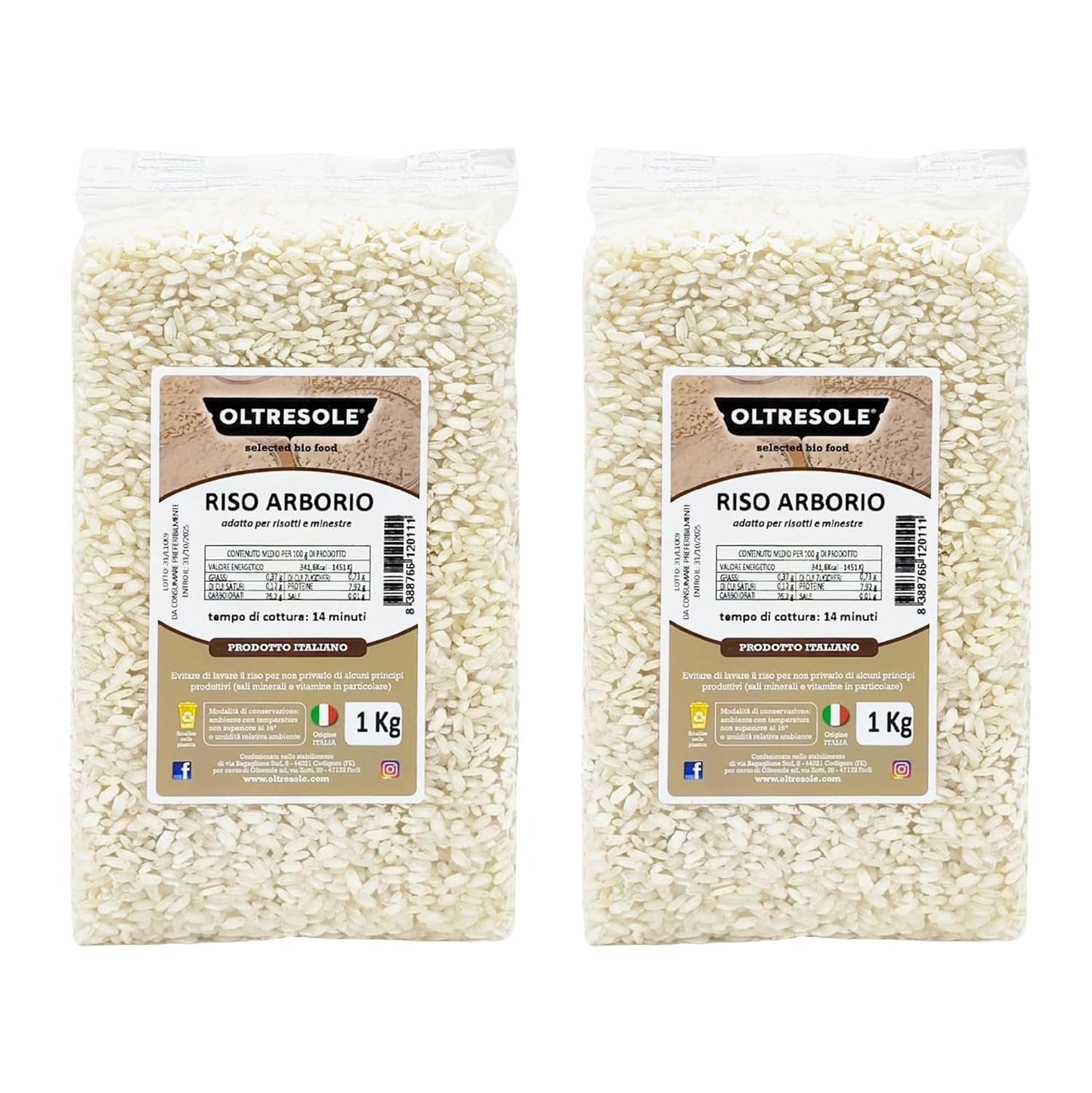 Handwerklich hergestellter italienischer Arborio-Reis, großkörniger und stärkehaltiger Reis, ideal für Suppen, Risottos und Reissalate, vakuumverpackt in 2 1-kg-Beuteln