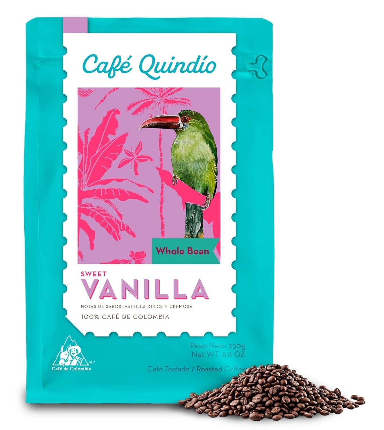 Cafe Quindio Spezialitätenkaffee – 100 % Arabica-Kaffeebohnen, Kolumbien – mit natürlichen Noten von süßer Vanille (250 g) – ideal für Filterkaffee, Siebträgermaschinen oder French Press