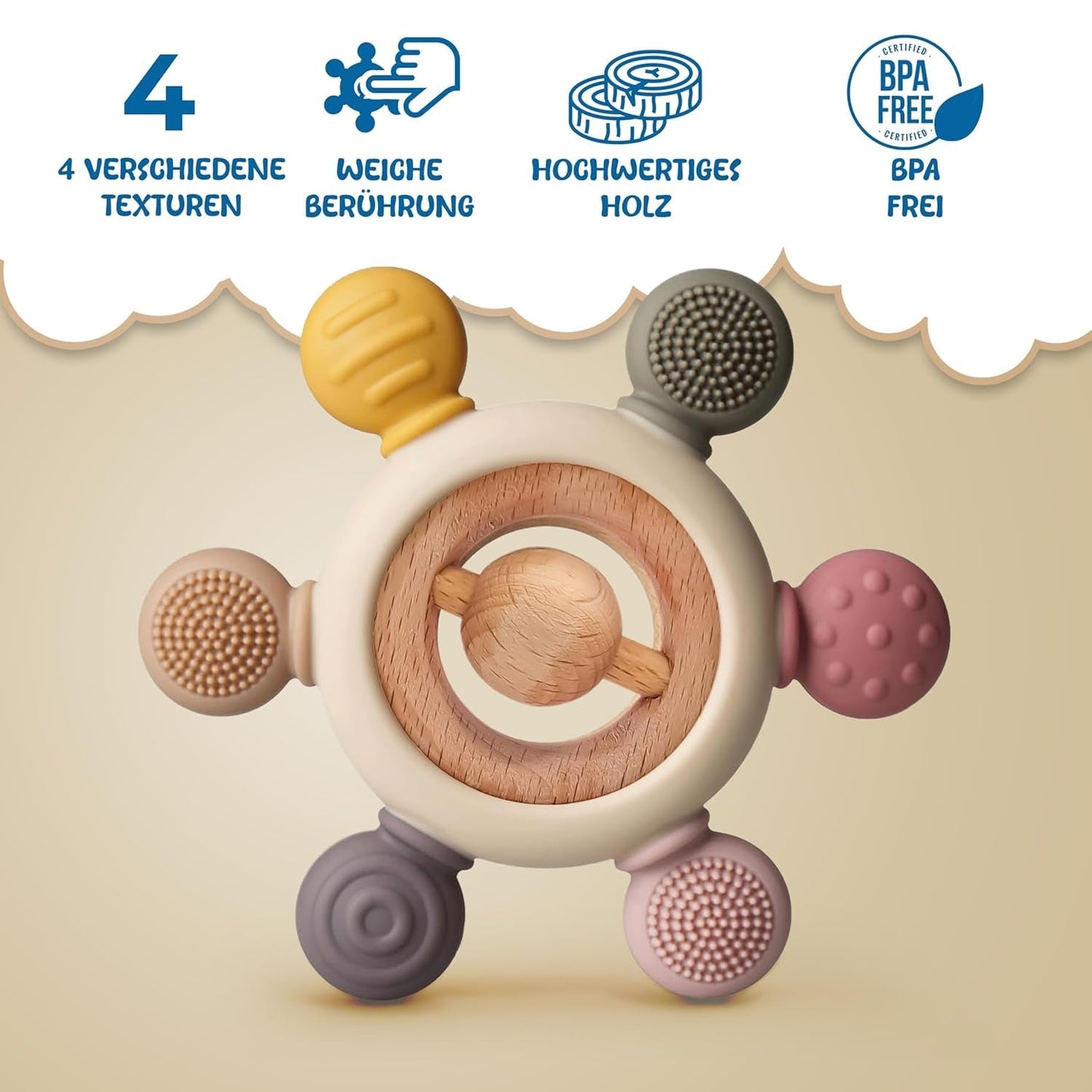 Baby-Beißring mit Schnullerkette – Zahnungshilfe – Babyspielzeug 0–6 Monate – Essentials für Neugeborene – BPA-freies Zahnungsspielzeug – Geschenkideen für Kleinkinder