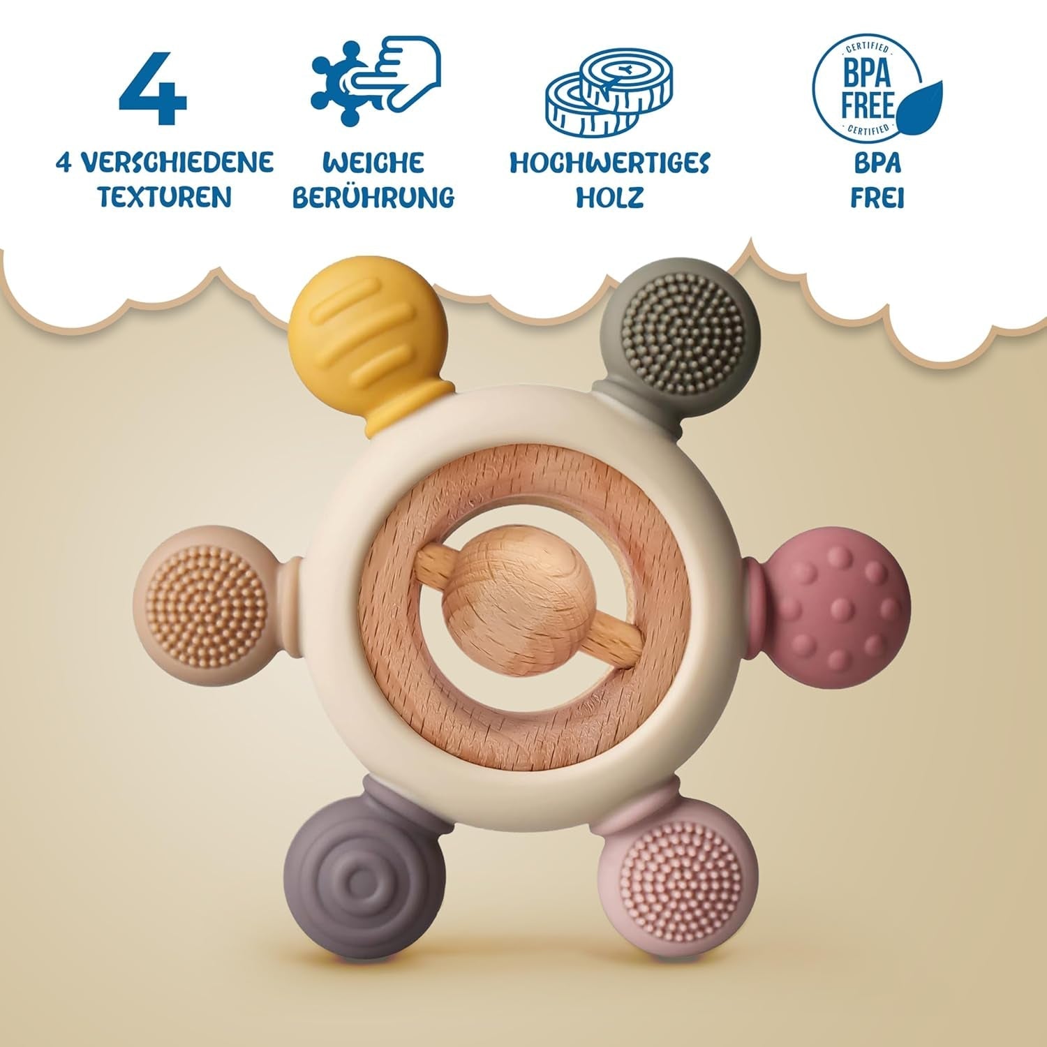 Baby-Beißring mit Schnullerkette – Zahnungshilfe – Babyspielzeug 0–6 Monate – Essentials für Neugeborene – BPA-freies Zahnungsspielzeug – Geschenkideen für Kleinkinder