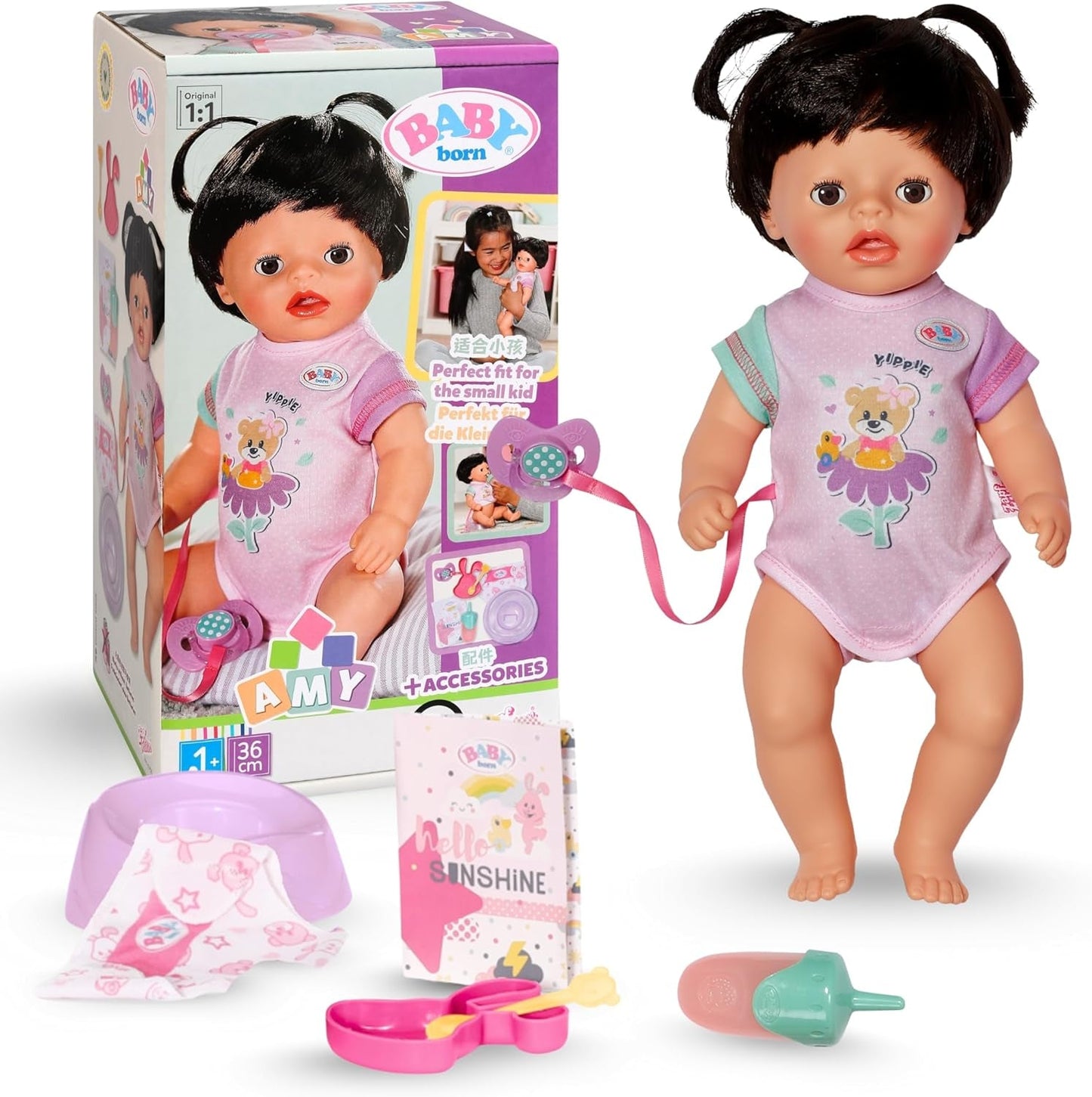 BABY Born Amy – 36 cm große Puppe – Babypuppe mit 7 Funktionen für Kleinkinder ab 1 Jahr – Funktioniert ohne Batterien – Inklusive Zubehör und Matratze