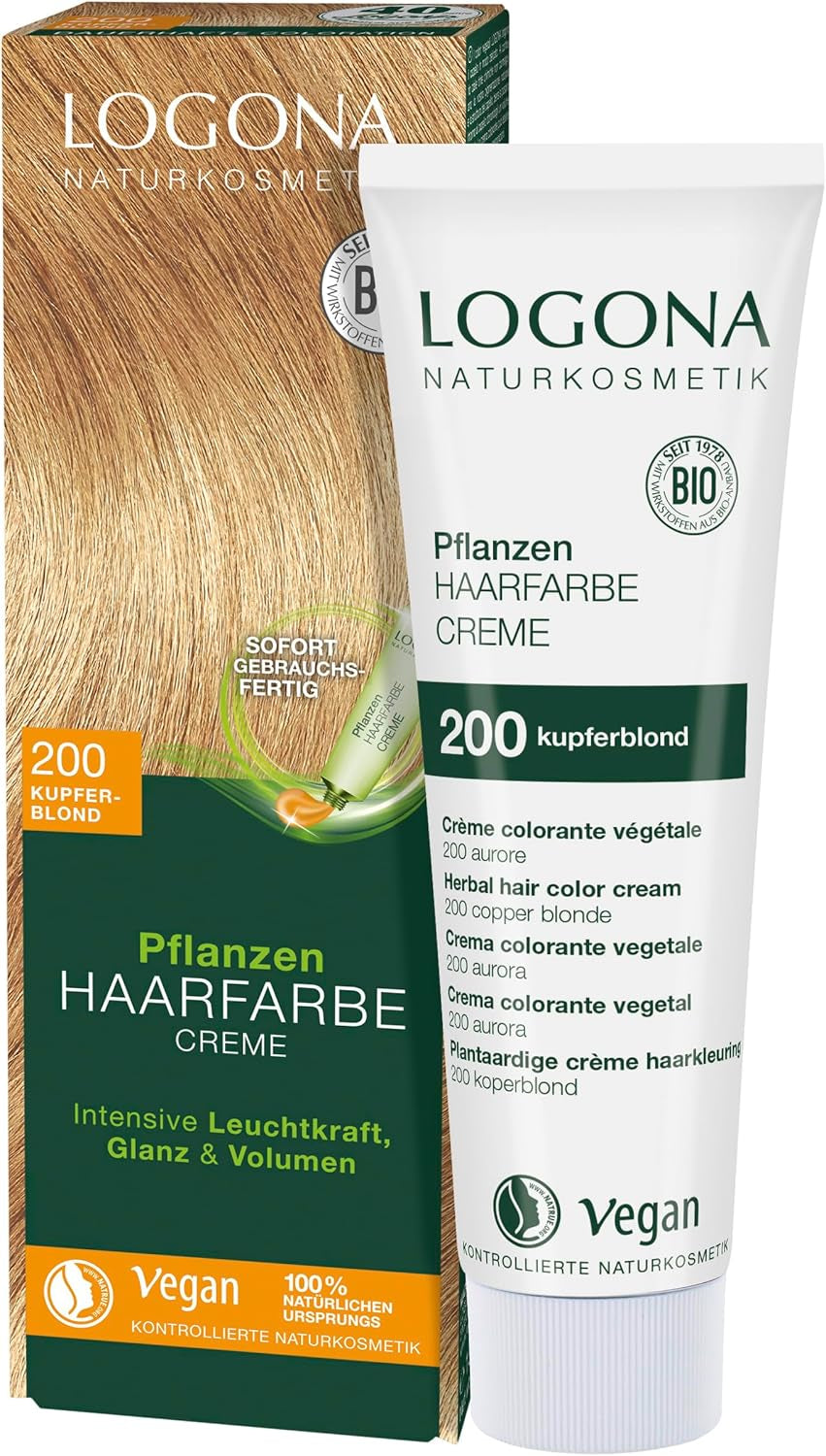 LOGONA Naturkosmetik Pflanzenhaarfarbe Creme 240 Nougatbraun, Naturfarbe für braunes Haar mit Henna, Färbecreme für Brauntöne, Coloration für dunkles Haar, 150ml Haarfarbe Naty Shop 200 Blond Kupfer