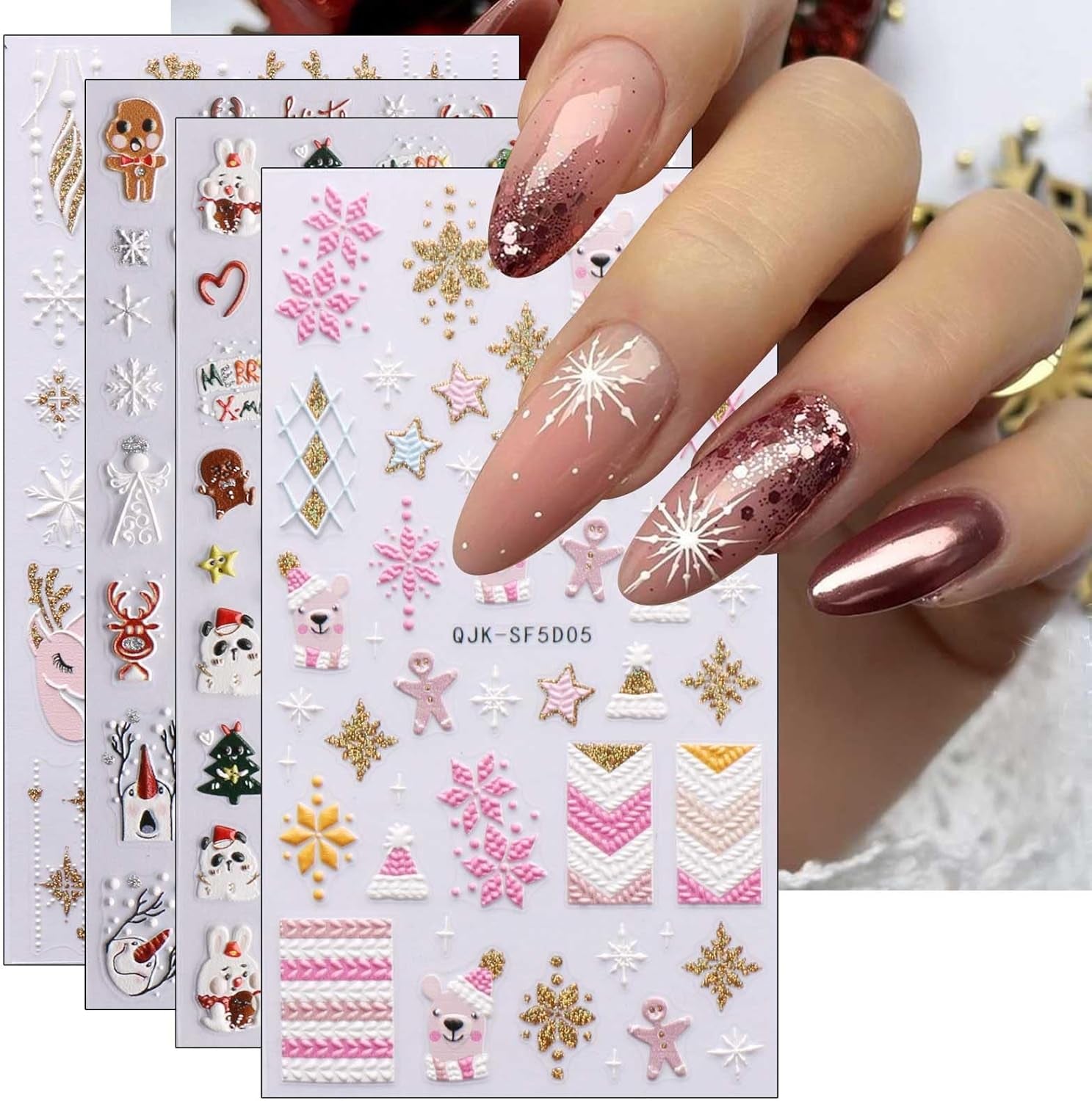 Weihnachts-3D-Nagelaufkleber, 4 Bögen, 5D-Nagelaufkleber, stereoskopische Nagelaufkleber, Dekorationen, Nageldesign-Zubehör