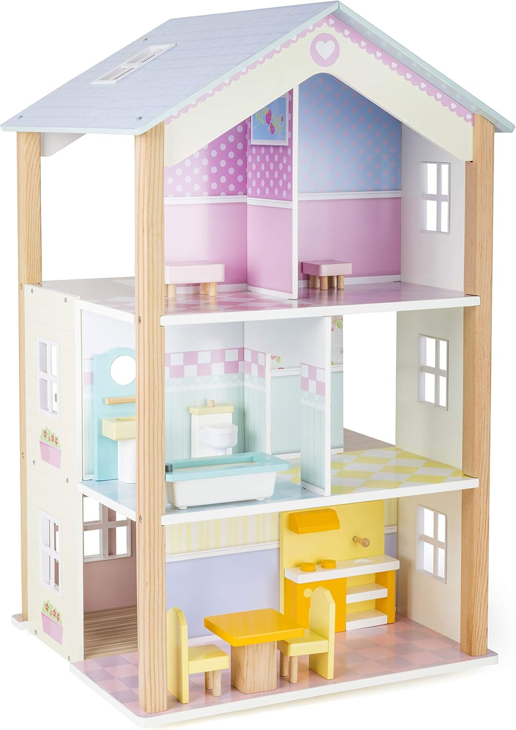 Small Foot 11192 3-stöckiges drehbares Puppenhaus aus Holz inklusive Spielzeugmöbeln, mehrfarbig, 37 x 40 x 67 cm, Puppenhäuser, Naty Shop, Standardtitel