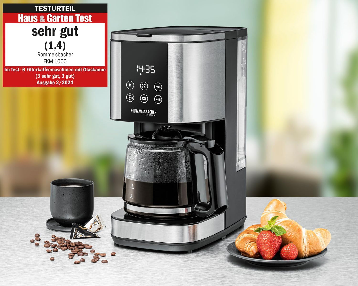 Rommelsbacher FKM 1000 Filter-Espressomaschine – 1,5 Liter Wassertank für 12 Tassen Kaffee, Glaskaraffe, Startvorwahl, Warmhaltefunktion, Aromafunktion, herausnehmbarer Filterhalter 1x4