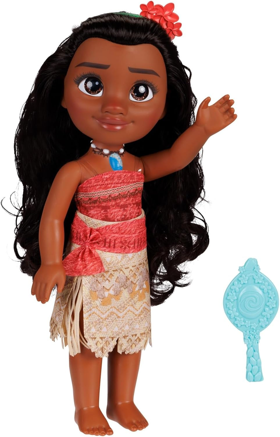 Disney Princess Moana, 35 cm große Puppe, reflektierende Glitzeraugen, bewegliche Gelenke, abnehmbares Outfit, Blumenclip, langes Haar, für Mädchen ab 3 Jahren