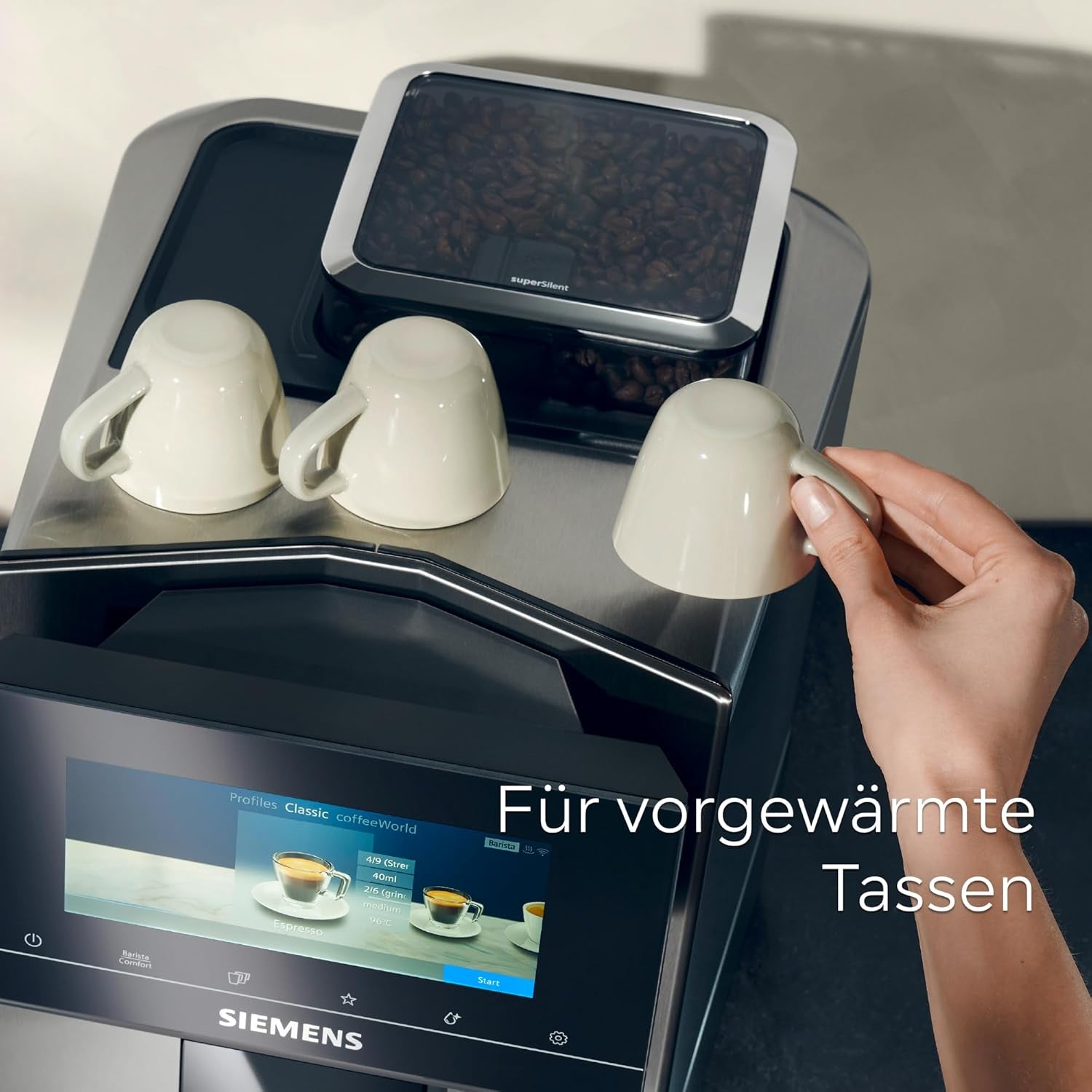 Siemens EQ900 TQ903D03 Automatische Espressomaschine, App-Steuerung, intuitives Touch-Display, Barista-Modus, AromaBoost, Geräuschreduzierung, Premium-Mahlwerk, automatische Dampfreinigung, 1500 W, Edelstahl