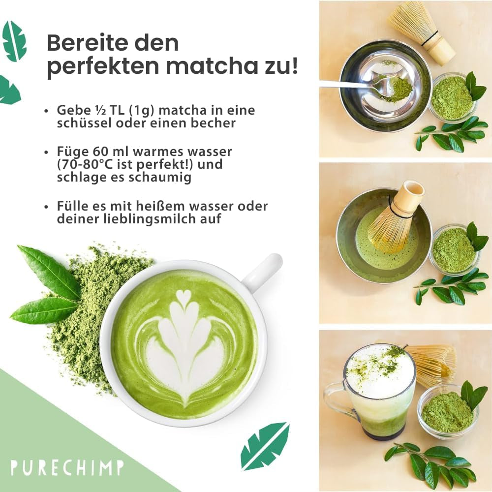 Purechimp Matcha-Pulver in zeremonieller Qualität, 50 g. 100 % reines, schattengewachsenes Teepulver für Latte, Aufgüsse und Rezepte. Recycelbares Glas. Reich an Antioxidantien.