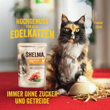 Shelma Nassfutter für Katzen mit Huhn in Tomaten-Kräuter-Sauce – getreidefreies Vollfutter mit hohem Fleischanteil – 28 x 85 g (2,38 kg)