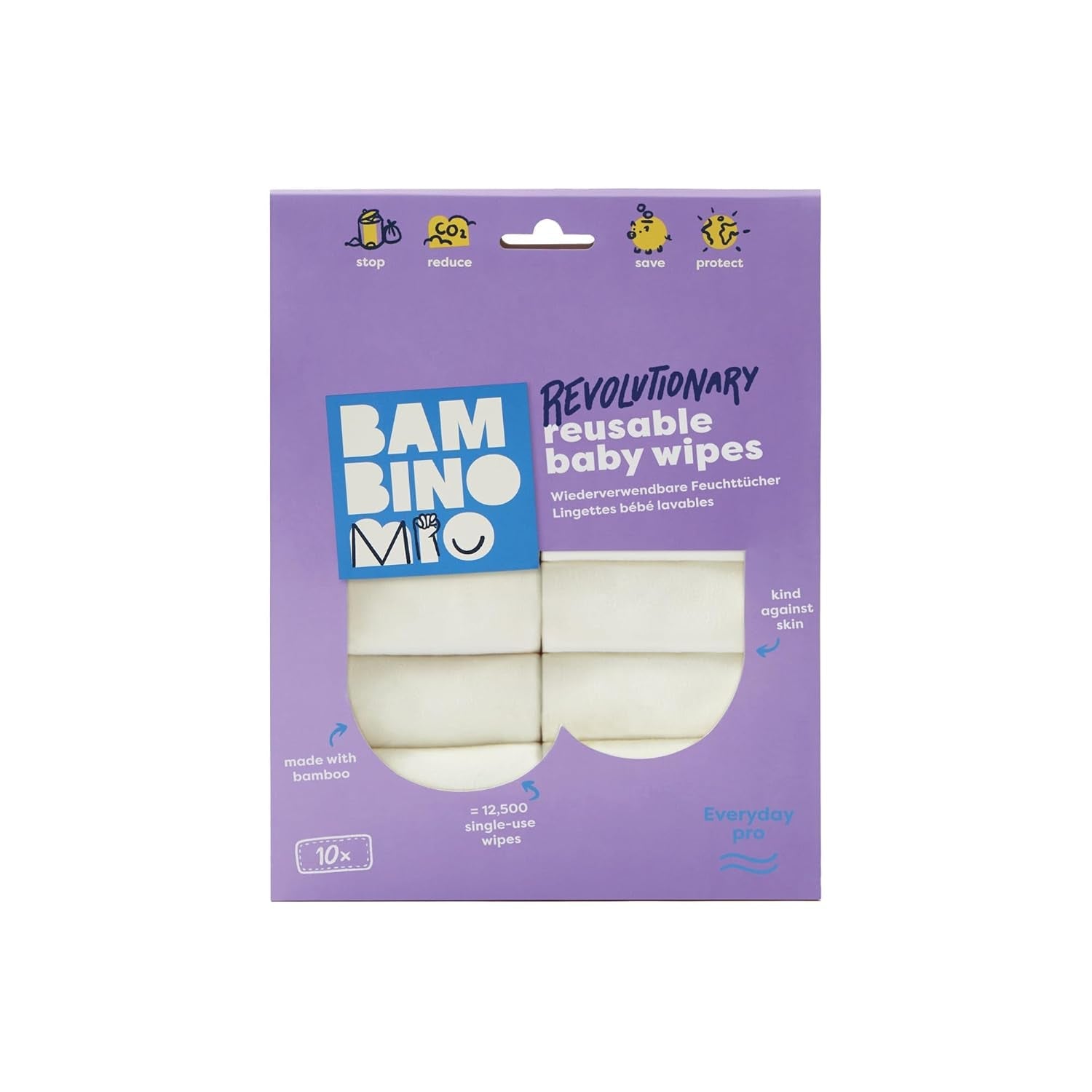 Bambino Mio wiederverwendbare Babytücher – Basic – umweltfreundlich, frei von Chemikalien, doppelseitig, waschbar, 10er-Pack, Wolke – Verpackung kann variieren