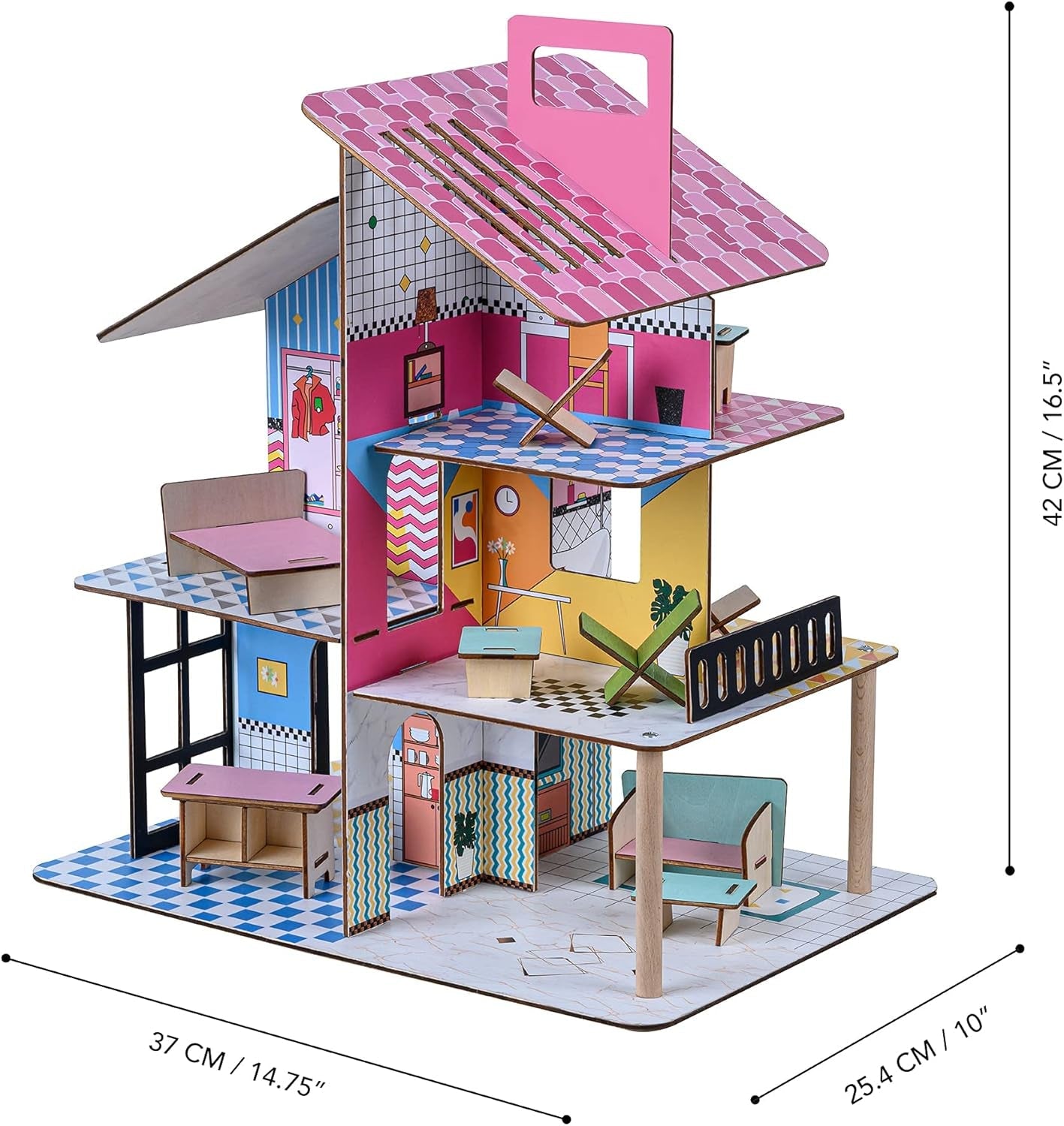 Olivia's Little World 360-Puppenhaus aus Holz für Kinder, 3,5-Zoll-Puppen und 12 Zubehörteile, mehrfarbig TD-13260C