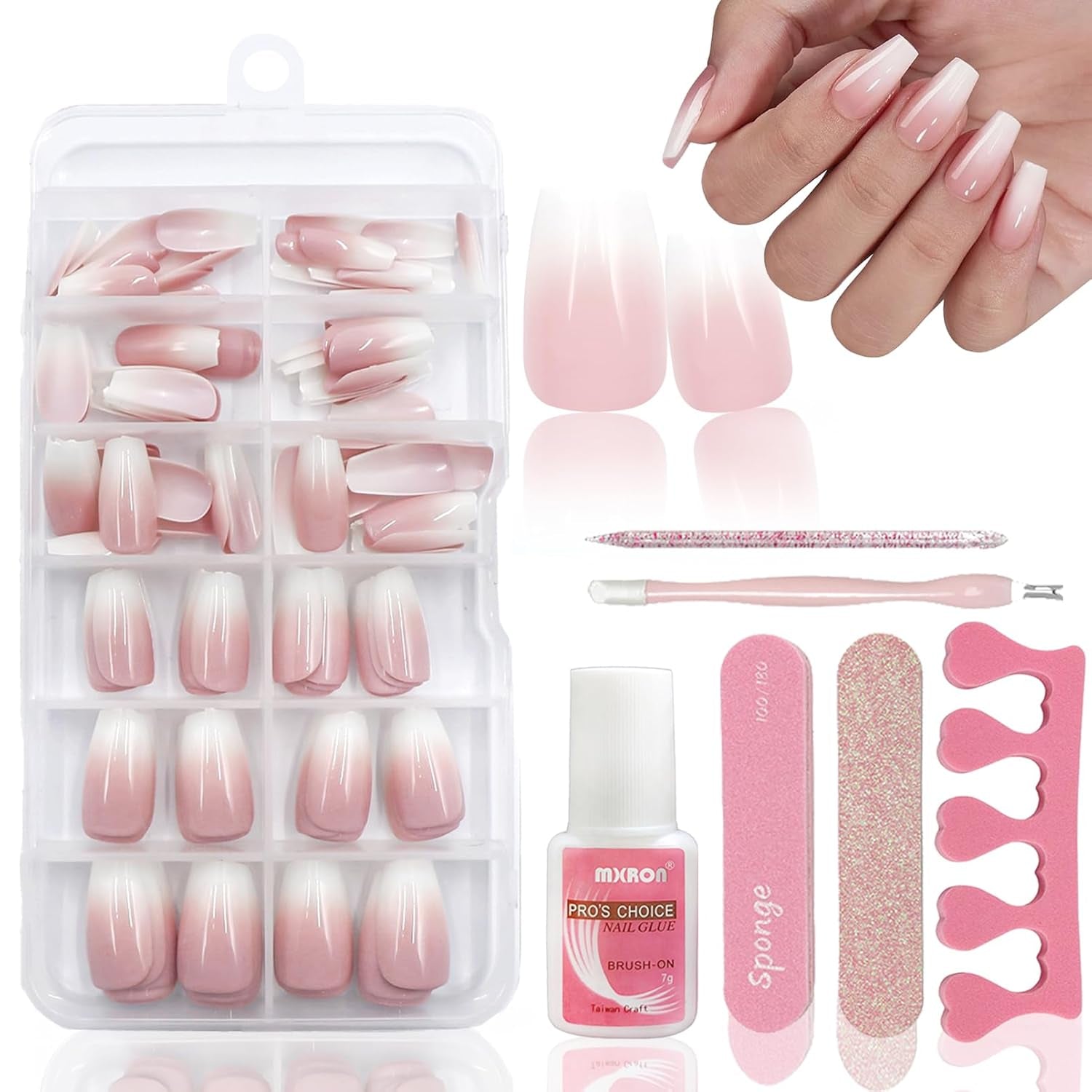 120 Stück nackte rosa künstliche Nägel mit Nagelkleber – 12 Größen kurze, ovale, quadratische Nägel zum Aufdrücken – schöne Nägel, zum Aufkleben auf künstliche Nägel – geeignet für DIY-Nageldesign für Frauen (Squaval Pink Gradient)