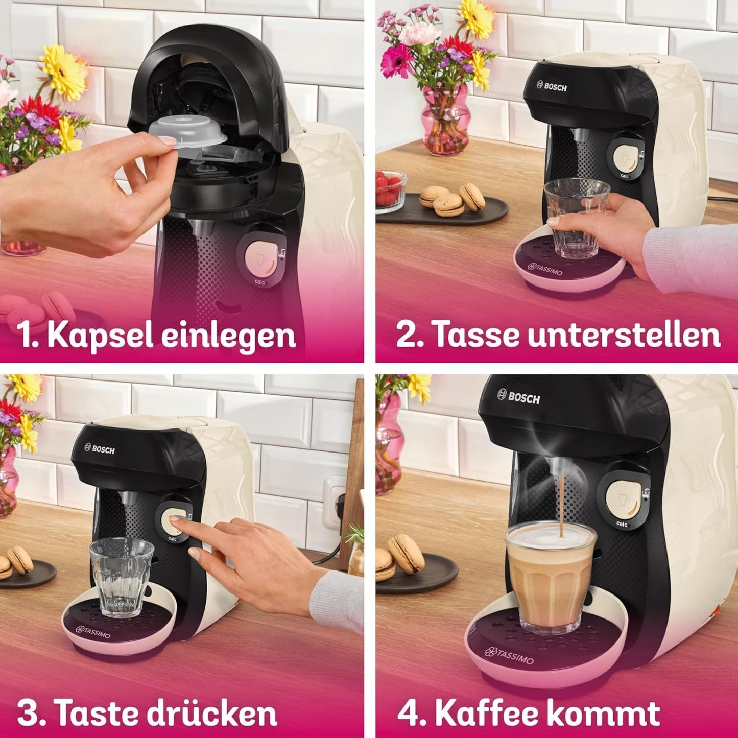 Bosch Tassimo Happy Friendly TAS107E Kapsel-Espressomaschine, 70+ Getränke, für alle Tassen geeignet, Auto-Stop, nachhaltig, perfekte Dosierung, platzsparend, 1400 W, Creme/Schwarz