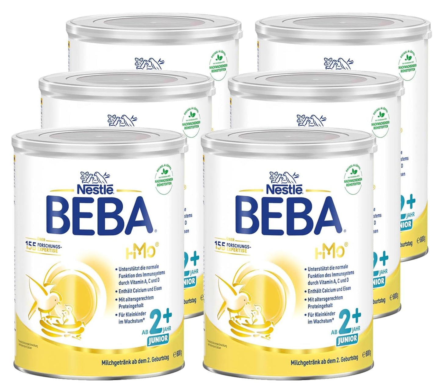 BEBA Junior 2+ Milchgetränk ab 2 Jahren, Mit HMO, Altersgerechter Proteingehalt, Nur Laktose, Ohne Palmöl, Ohne Fischöl, Kleinkindnahrung, Babymilchpulver, 6er Pack (6 x 800g)