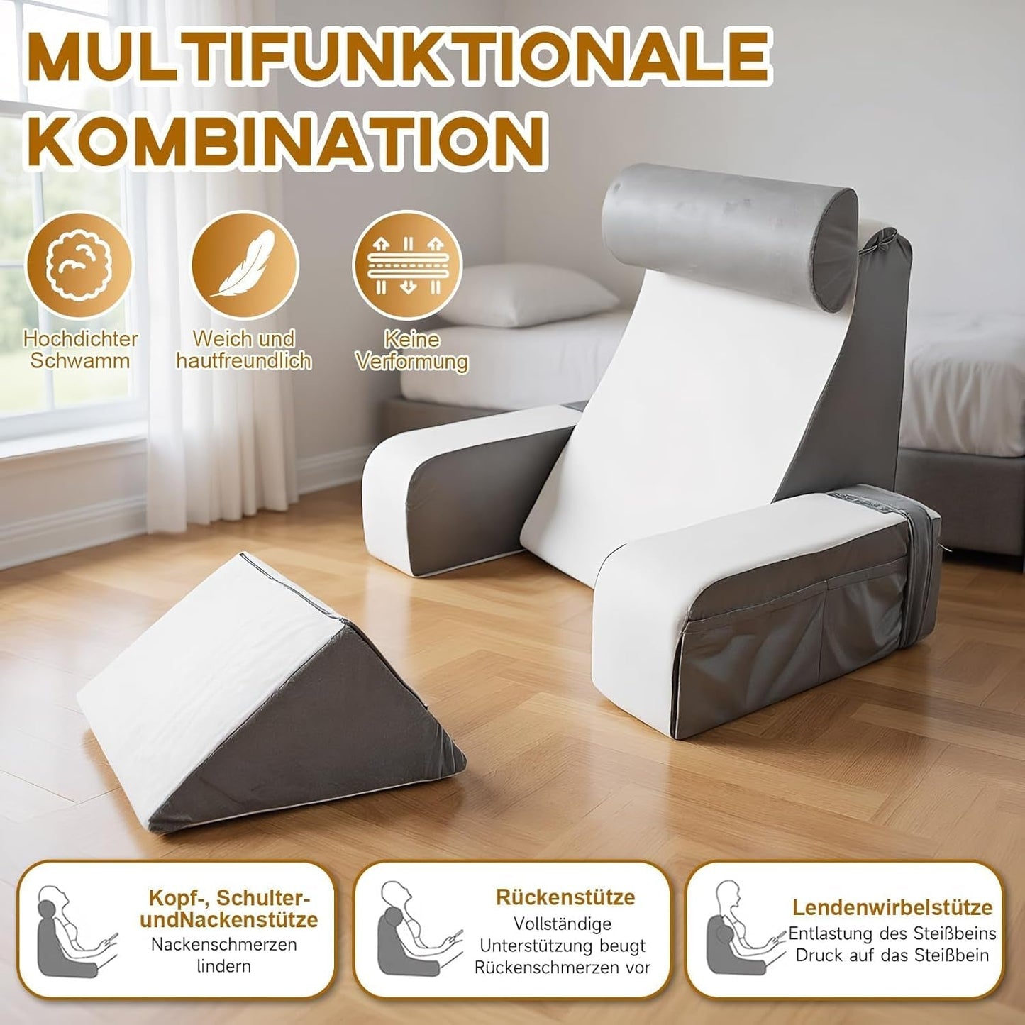 Lesekissen mit abnehmbarer Nackenstütze und Armlehne, bequemes und leichtes Rückenkissen für Bett und Couch, Rückenkissen für Erwachsene, Memory-Schaum-Rückenlehne zum Lesen, Fernsehen und Videospielen