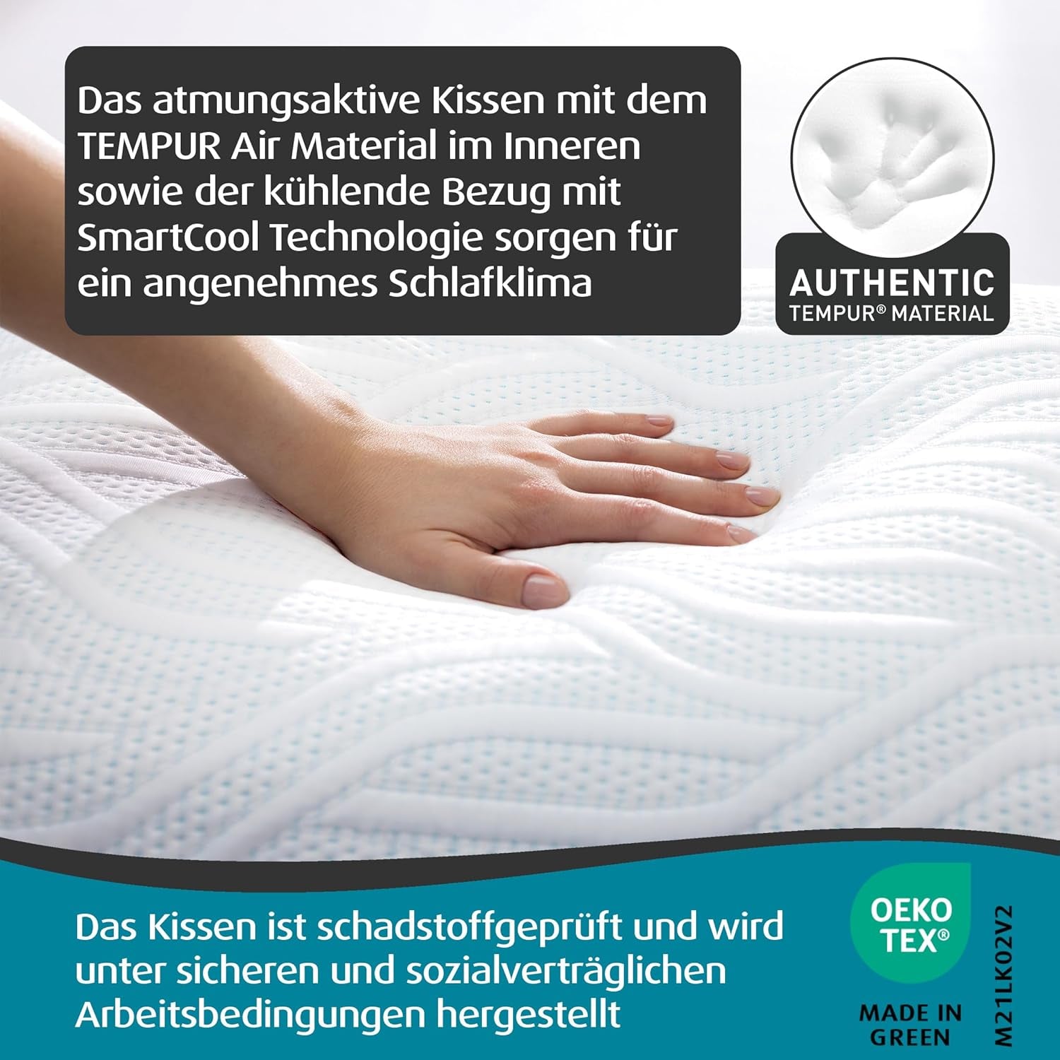 TEMPUR Comfort Air Medium Schlafkissen, Atmungsaktives Kissen für jede Schlafposition, OEKO-TEX MADE in GRÜN, mittlere Festigkeit, 40 x 80 cm Naty Shop Standardkissen