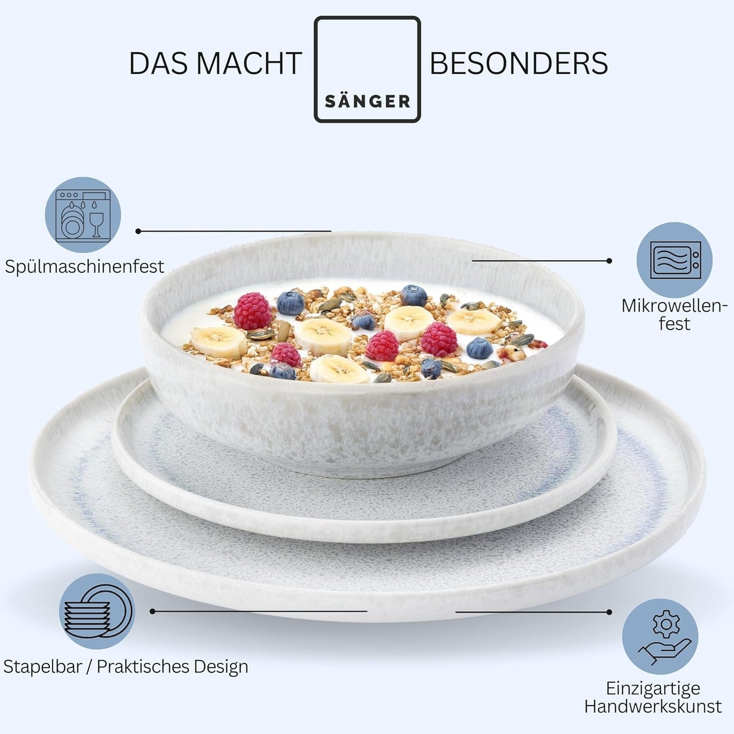 SANGER | 12-teiliges Santorini-Geschirrset, 4-Personen-Tellerset, SEHR GUT bewertetes Steinzeug-Geschirrset, einschließlich Speisetellern, Desserttellern und Suma-Tellern, Farbverlauf Creme-Flieder-Blau | DIE PREMIUM-KOLLEKTION