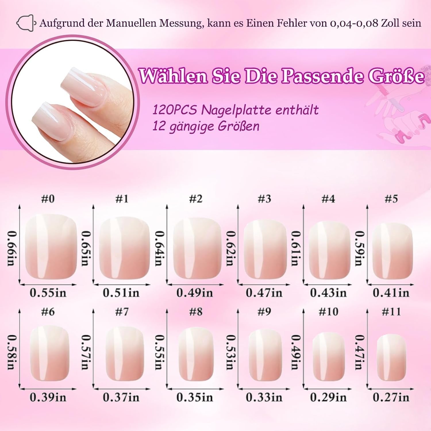 120 Stück nackte rosa künstliche Nägel mit Nagelkleber – 12 Größen kurze, ovale, quadratische Nägel zum Aufdrücken – schöne Nägel, zum Aufkleben auf künstliche Nägel – geeignet für DIY-Nageldesign für Frauen (Squaval Pink Gradient)