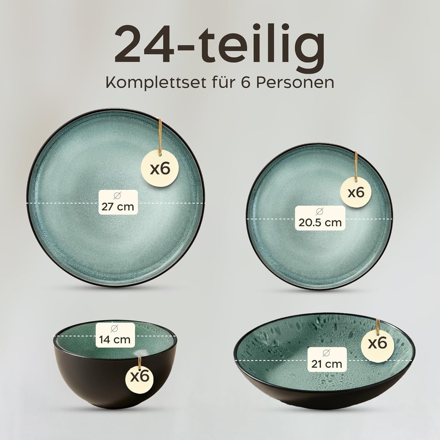 Twinzee 24-teiliges Steinzeug-Geschirrset für 6 Personen – Schüssel- und Teller-Set – mikrowellengeeignetes Steingut – Riviera-Kollektion