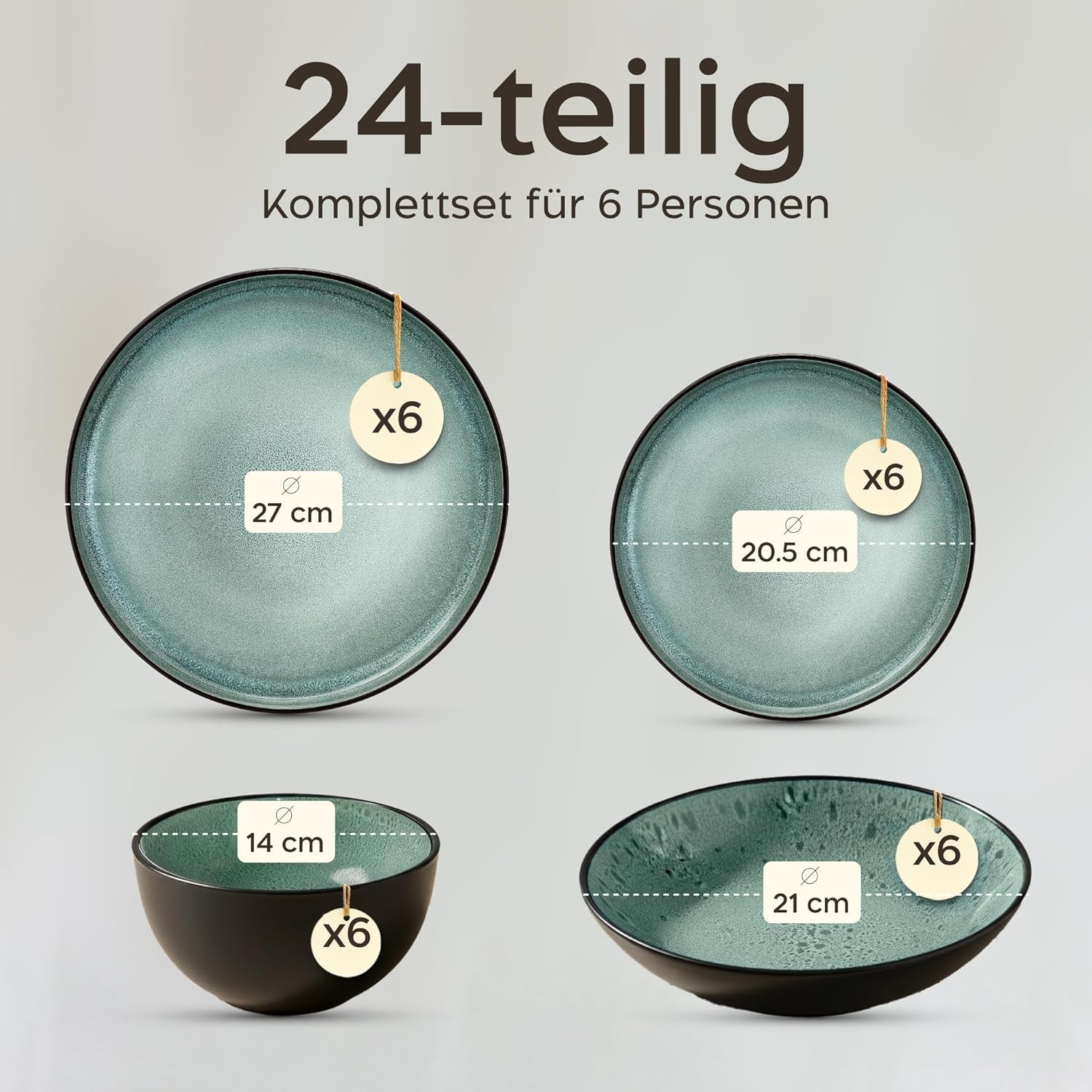 Twinzee 24-teiliges Steinzeug-Geschirrset für 6 Personen – Schüssel- und Teller-Set – mikrowellengeeignetes Steingut – Riviera-Kollektion