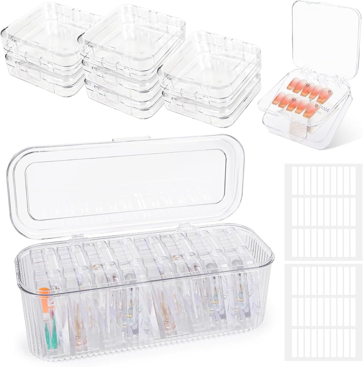 INMORVEN Nagel-Aufbewahrungsbox-Set – 14 transparente Nagelboxen + 1 große Box und 60 Klebescheiben – ideal für die Aufbewahrung von künstlichen Nägeln, Gel-Nagelzubehör und Nagellack (14 Stück in einer Schicht).