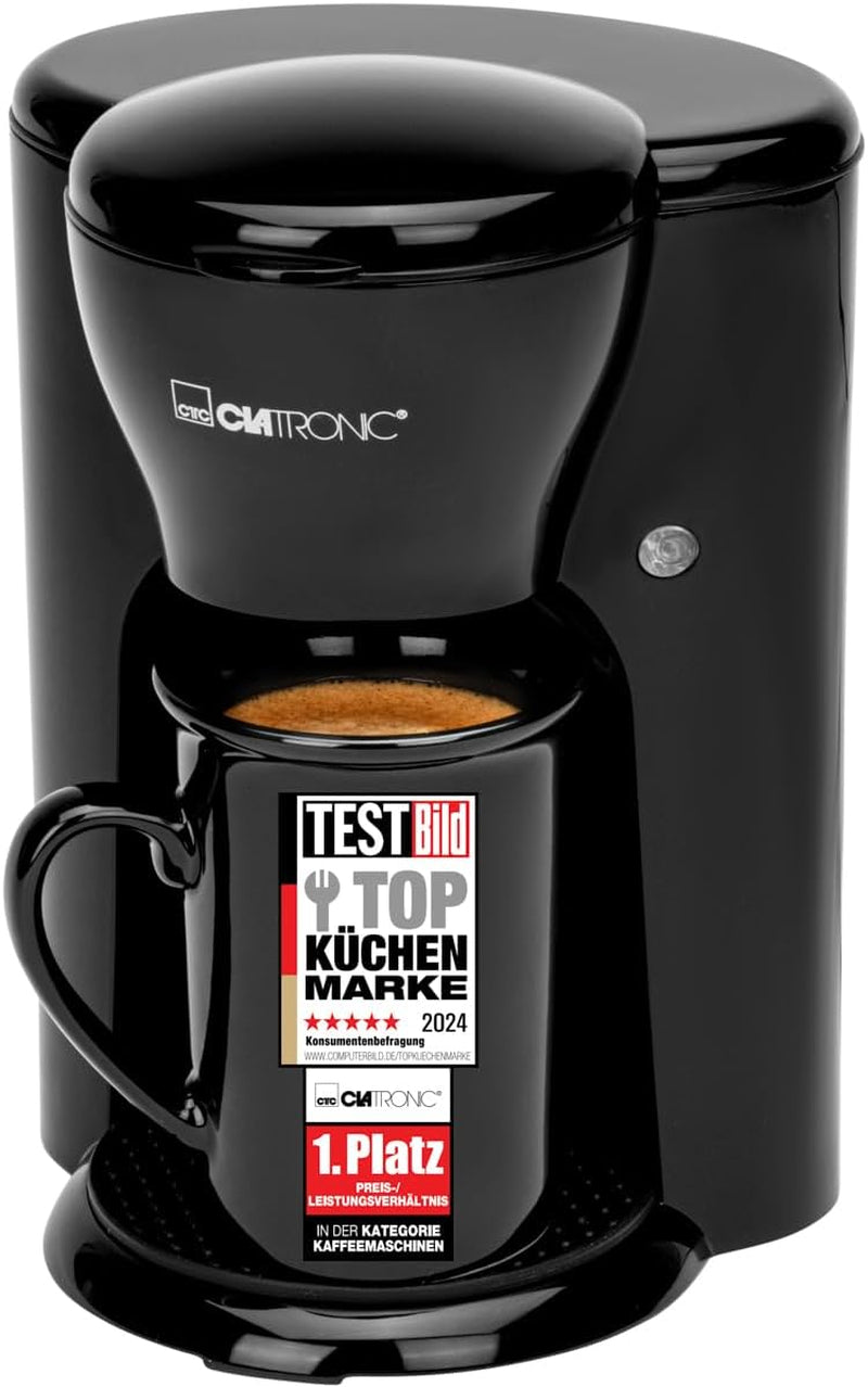 Clatronic® 1-Tassen-Kaffeemaschine | Perfekte Espressomaschine für Singles | Espressomaschine mit Filter, inklusive Keramiktasse | Kleine Espressomaschine mit Filter, ideal für unterwegs | KA 3356