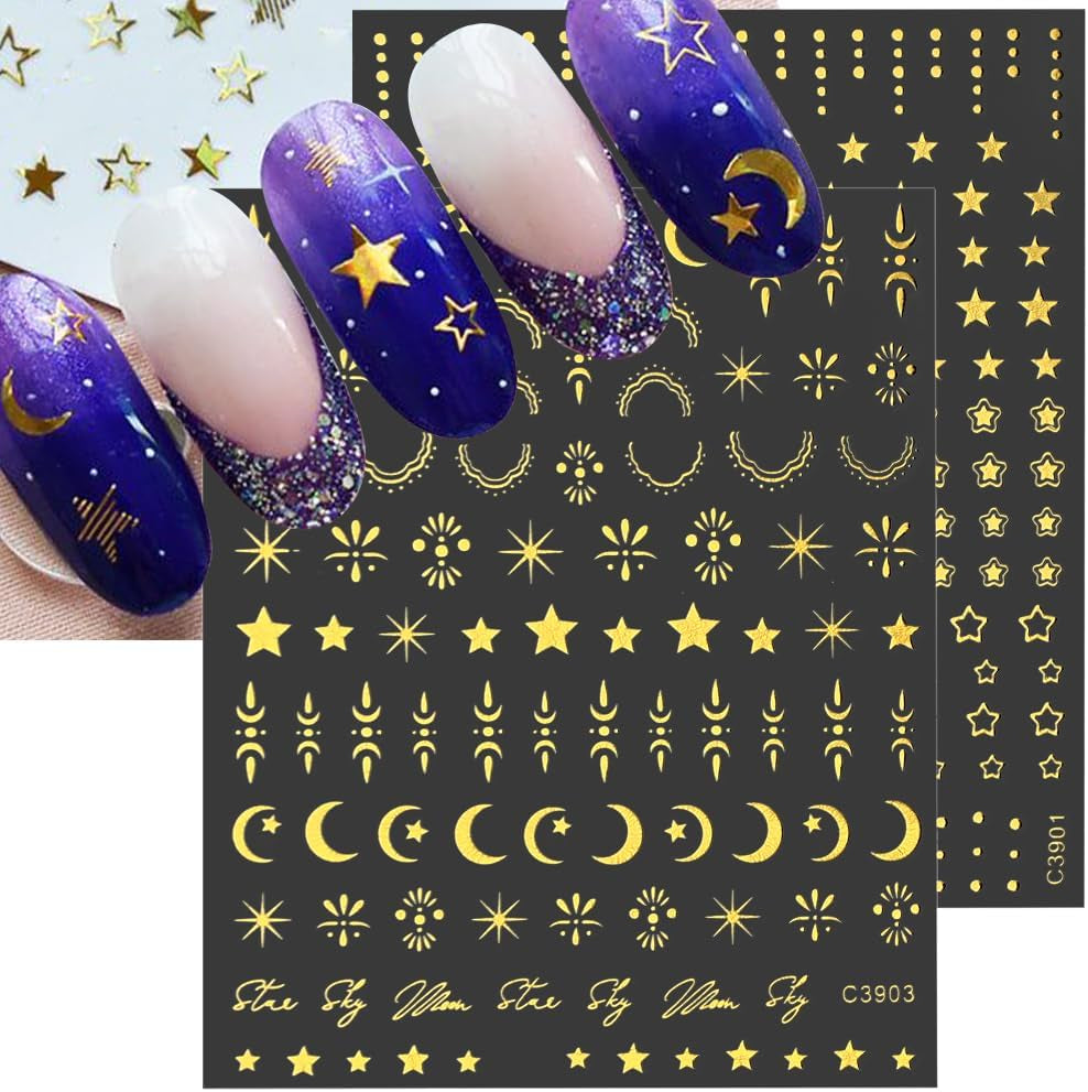 8 Blatt goldene Mond- und Sterne-Nagelkunstaufkleber, Engelsflügel, hellbraune goldene Nagelaufkleber, Sterne, Nagelfolien, selbstklebende Nagelaufkleber, Nageldesign-Zubehör, Nagelaufkleber