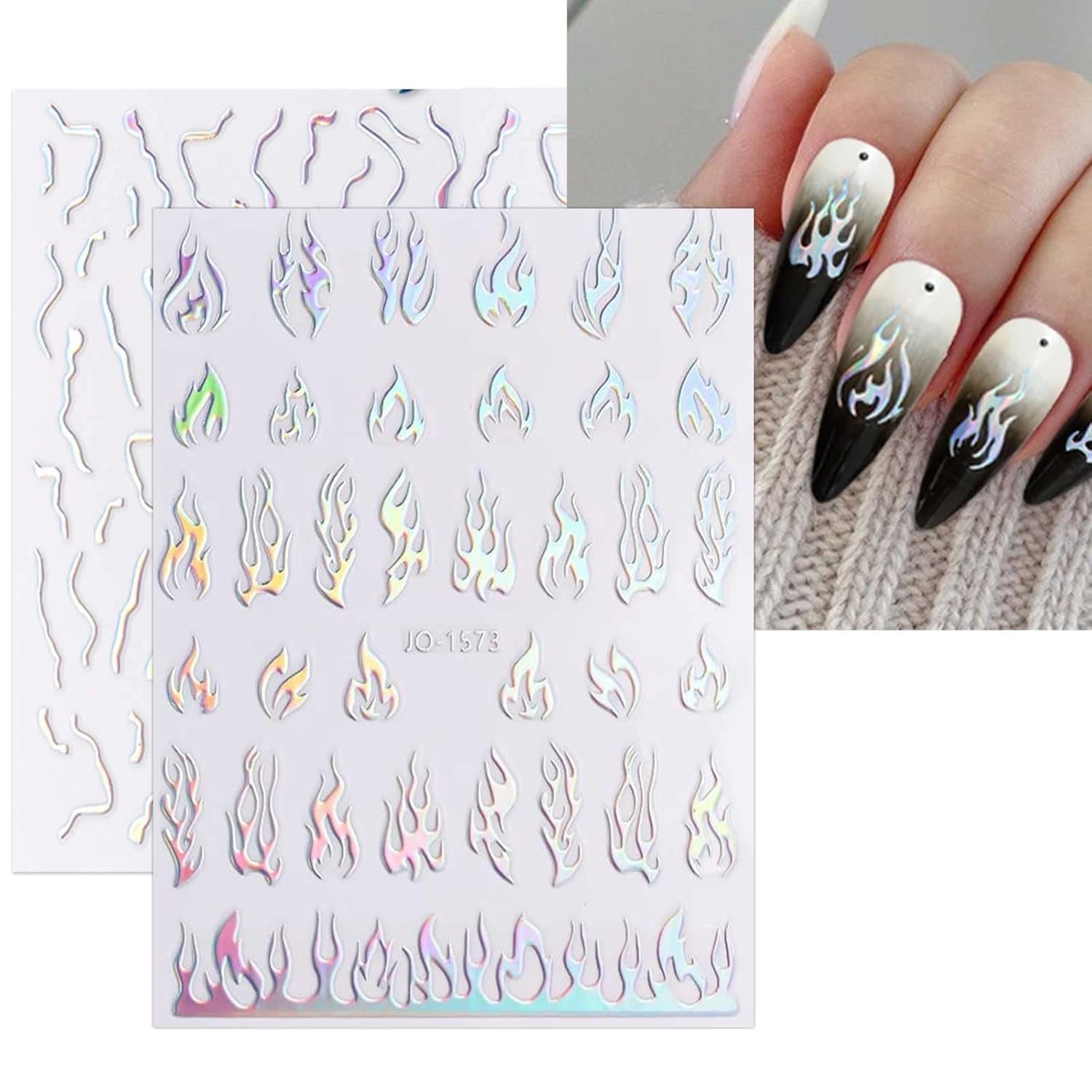 JMEOWIO Nagelsticker Aurora Holografisch 9 Blatt Nagelaufkleber Selbstklebend Herz-Flamme Spielt Schmetterlings-Mond Die Steuern Nail Art Sticker Dekoration Nageldesign Zubehör