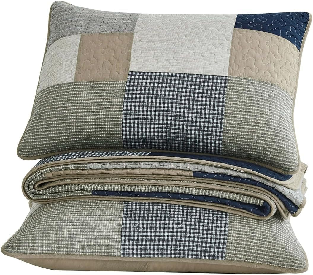 Chezmoi Collection Addy Patchwork-Steppdecken-Set, vorgewaschene Baumwolle, leicht, wendbar, für alle Jahreszeiten, übergroß, 3-teilig, Marineblau, Weiß, Grau, Taupe, karierte Steppdecken und Steppdecken, Naty Shop
