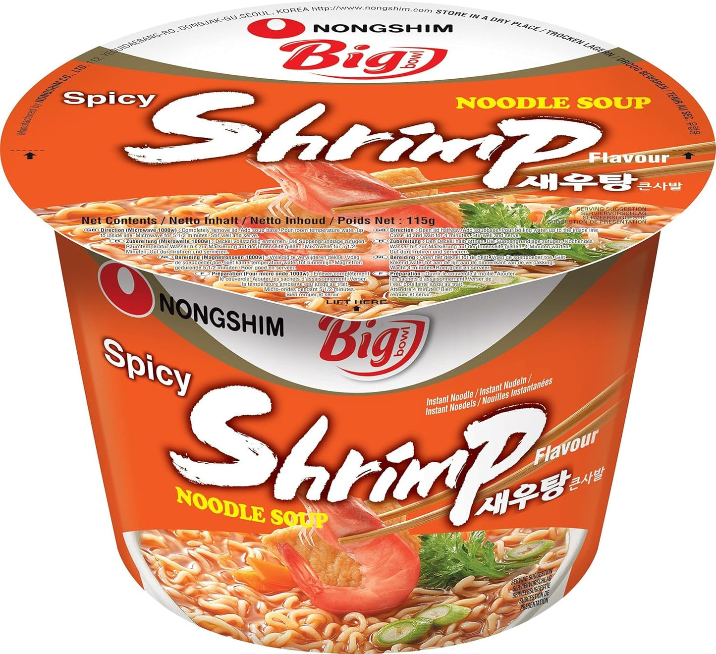Nong Shim Instant-Nudeln mit Garnelen, große Schüssel – koreanische Ramen-Suppe – schnelle Zubereitung – 115 g (1 Packung)