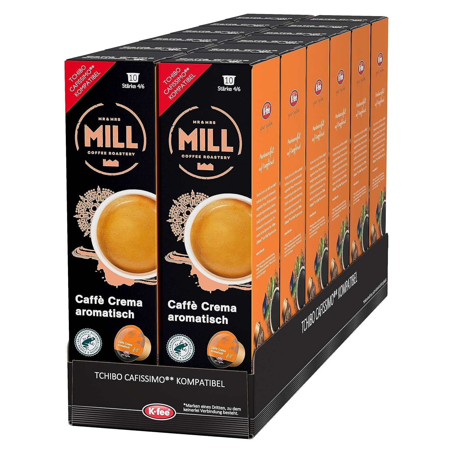 Mr & Mrs Mill Caffè Aromatisch Crema, kompatibel mit K-fee & Tchibo Cafissimo*, Stärke 4/6, 120 Kaffeekapseln