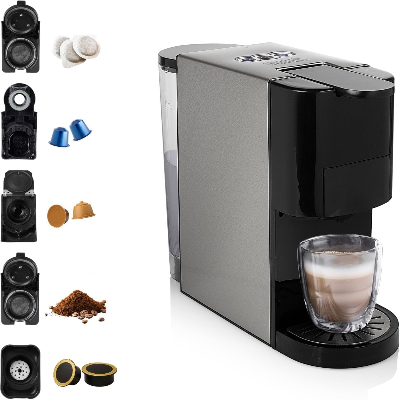 Princess 5-in-1-Multikapsel-Espressomaschine – kompatibel mit Nespresso, Dolce Gusto, Lavazza a Modo Mio und ESE Pads, 0,8 l Fassungsvermögen, 1450 W, Silber, Schwarz