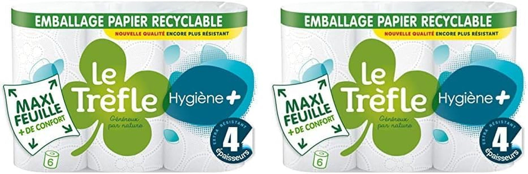 Le Trefoil Hygiene + Toilettenpapier, 6 Rollen, 4 Stärken (2er-Pack)