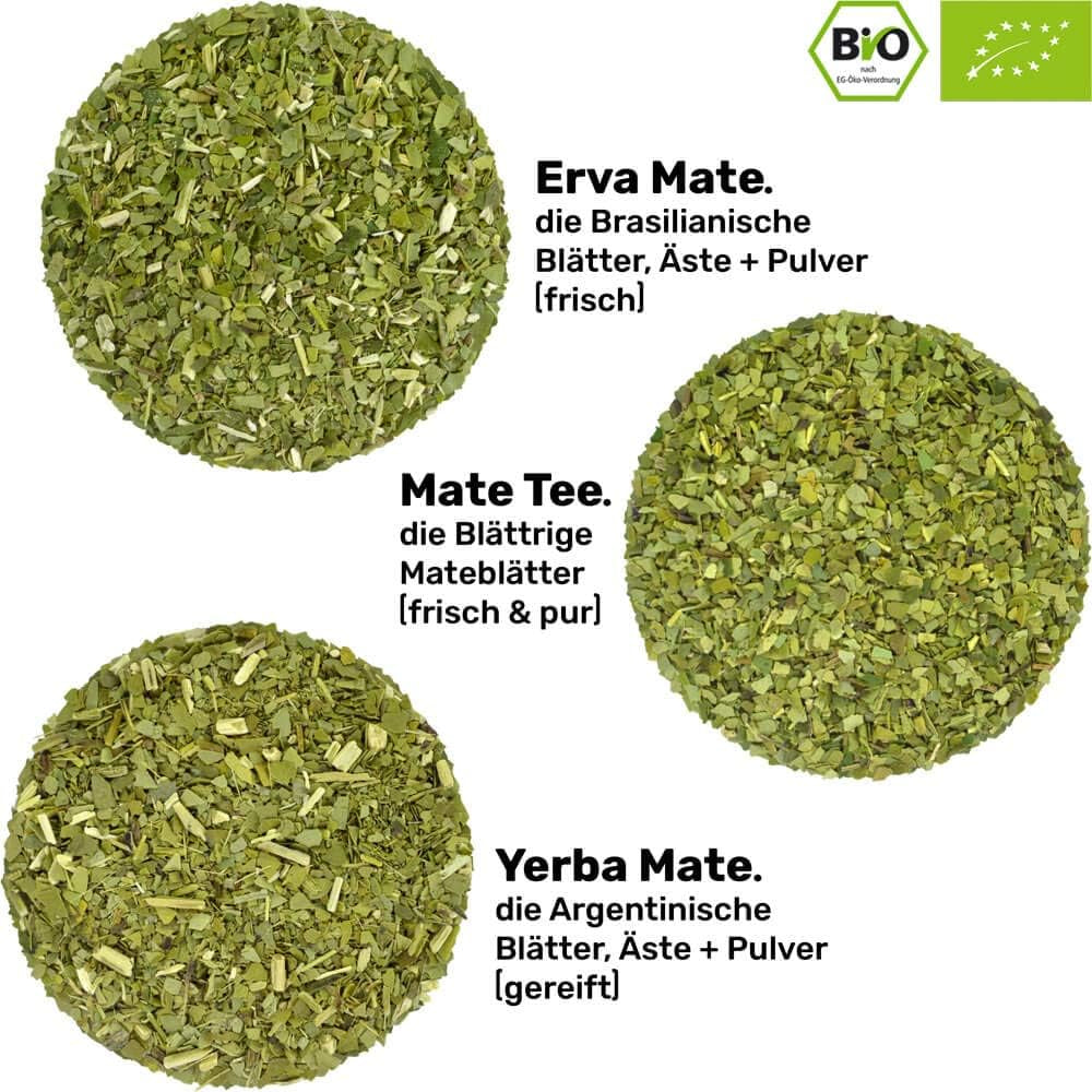 Mate Bio-Teeset ● 3 Mate-Sortimente + 2 doppelwandige Mate-Becher aus Edelstahl + 2 Bombillas + Zubereitungsanleitung (Schwarz)