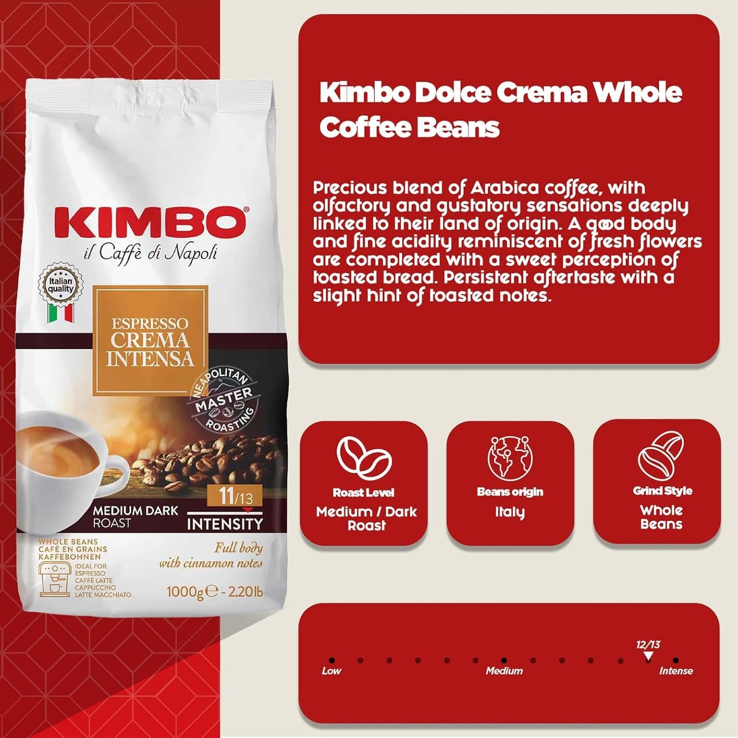 Espresso Crema Intesa, 6 Kaffeebohnen x 1 kg, vollmundige und intensive Mischung, Intensität 11/13, mittlere Röstung, 6 Packungen à 1 kg