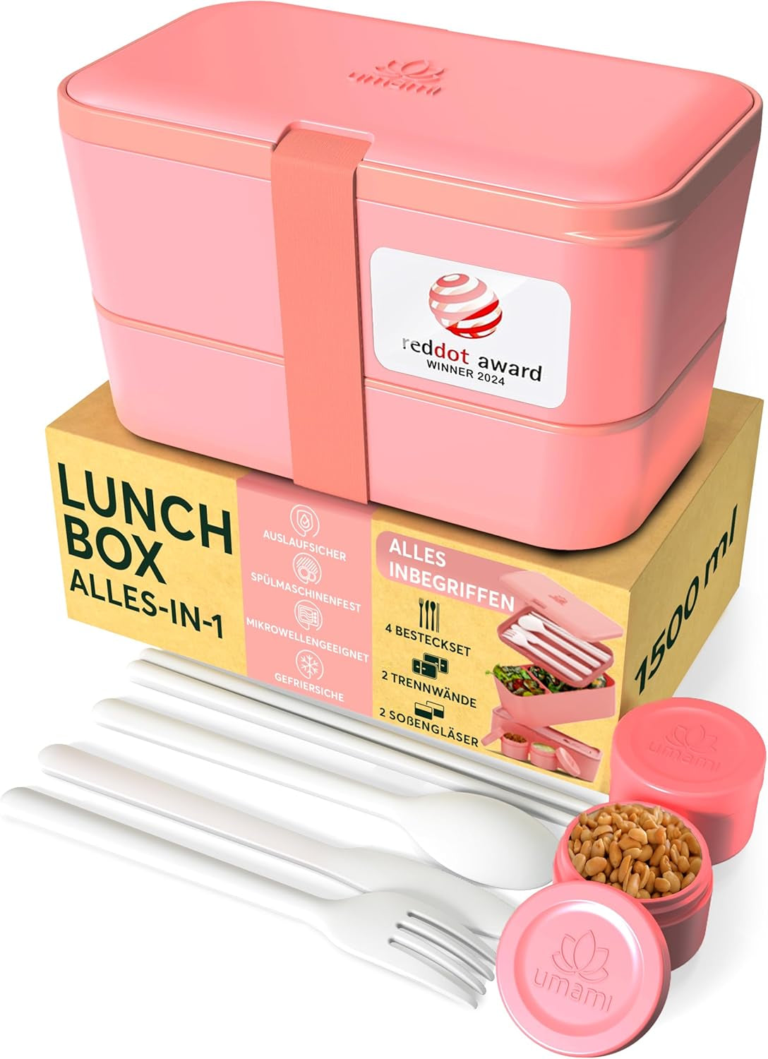 Umami Lunchbox für Erwachsene, auslaufsichere stapelbare Bento-Box mit 4 Besteck und Fächern, Lunchbox für Erwachsene, To-Go-Salatbehälter, Picknick-/Büro-Lunchbox, Anthrazit, 1500 ml