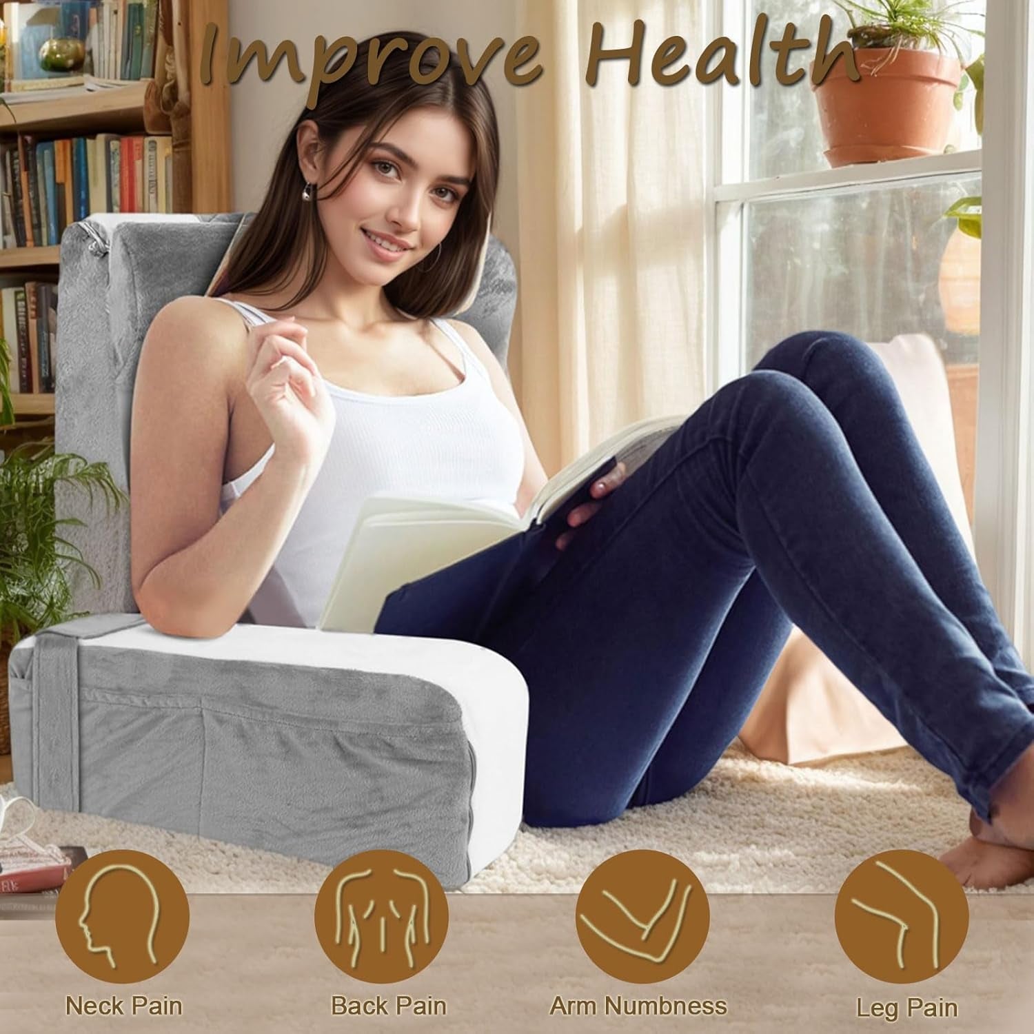 Großes Lesekissen für Bett und Sofa, Rückenkissen für Erwachsene mit Nackenstütze und Armlehnen, ergonomisches Rückenkissen mit Tasche und waschbarem Bezug zum Ausruhen, Lesen, Fernsehen (WH)