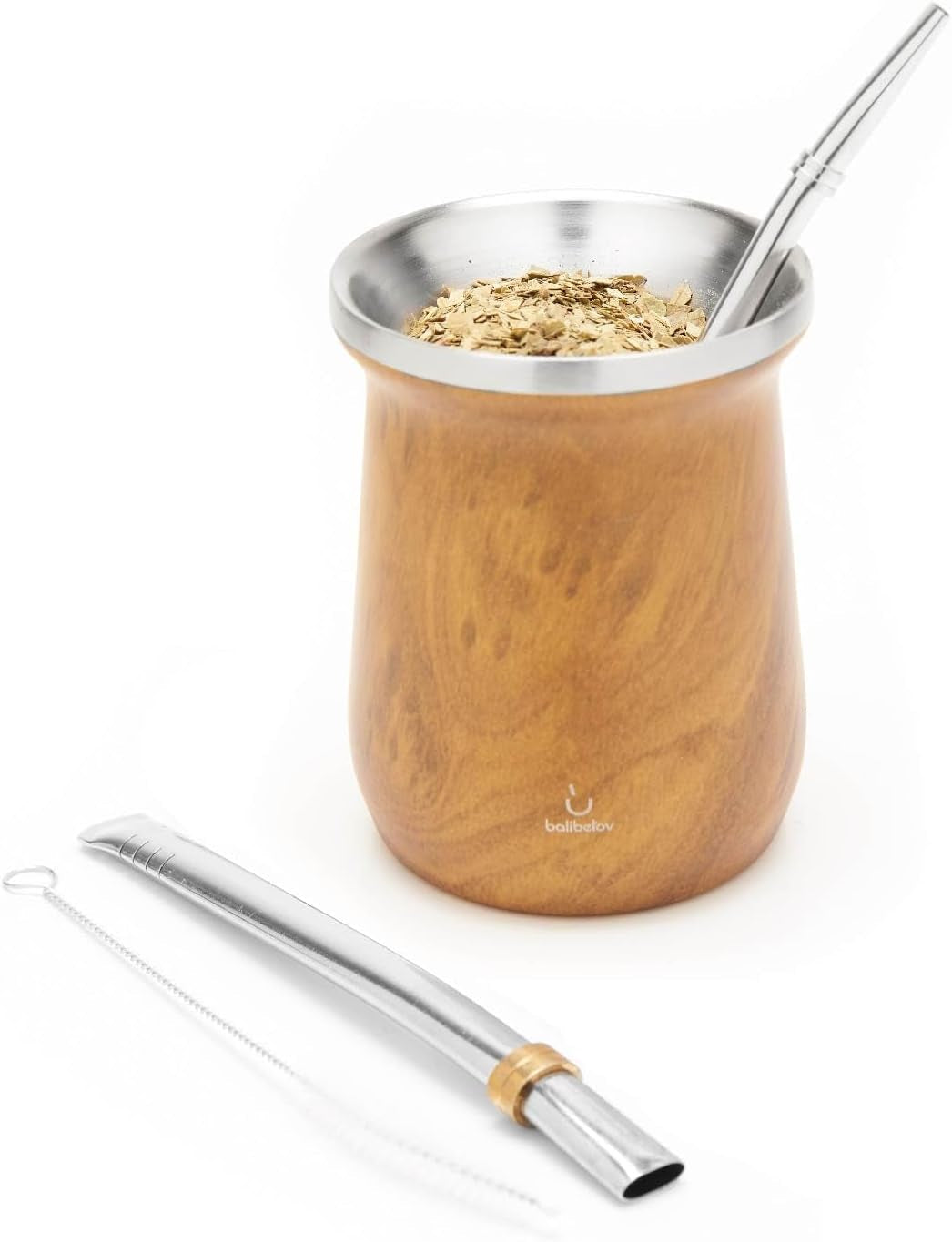 Yerba Mate Balibetov-Teeset (Mate-Tasse) aus Edelstahl mit Bombilla (Strohhalm) für Mate, leicht zu reinigen und sehr langlebig Yerba Mate-Set (HOLZ)