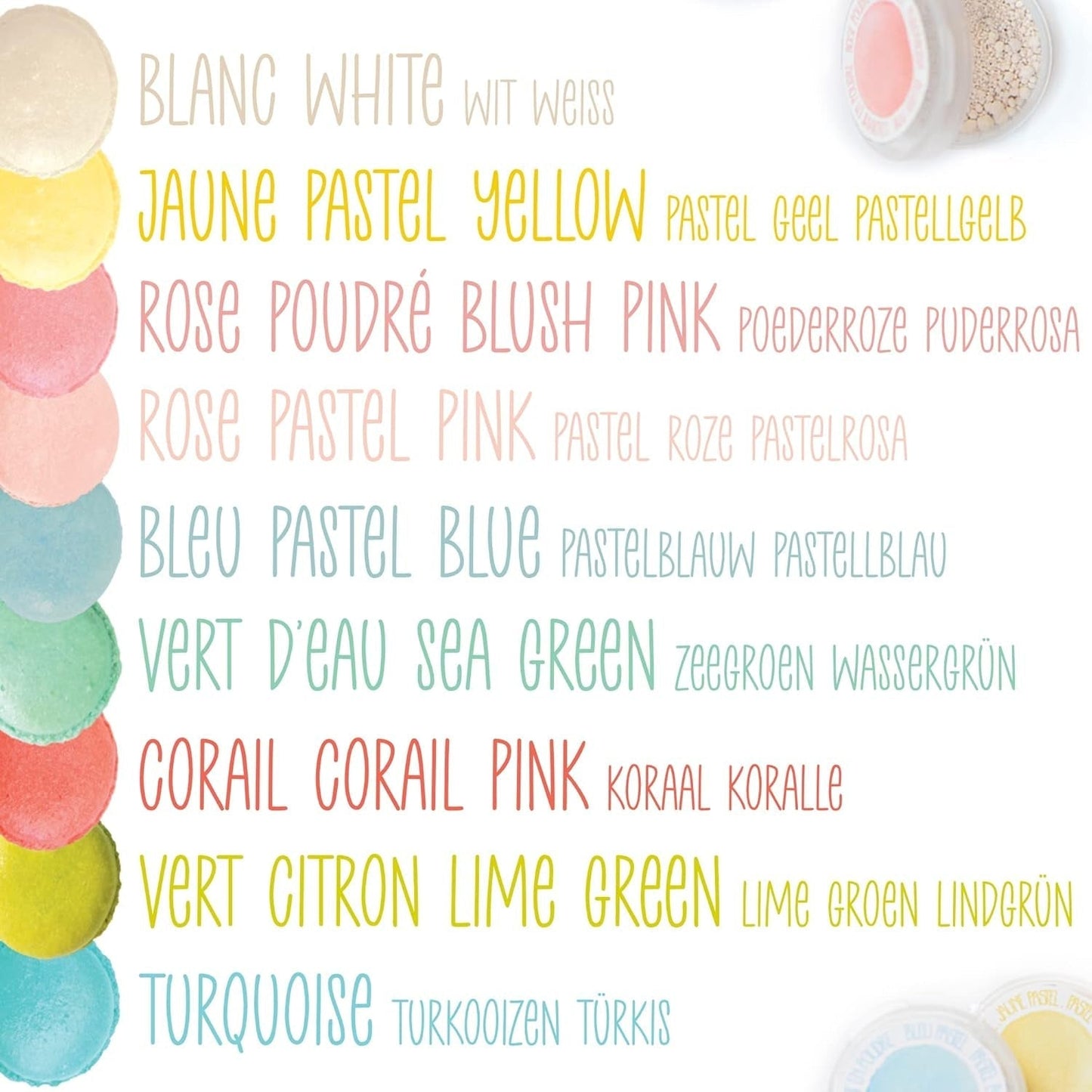 Scrapcooking – Set mit 9 pastellfarbenen Lebensmittelfarben – Blau, Gelb, Koralle, Rosa, Türkis, Limettengrün, Weiß, Aquagrün, Puderrosa – Essbares Farbpulver für Kuchen, Muffins, Macarons – 4272