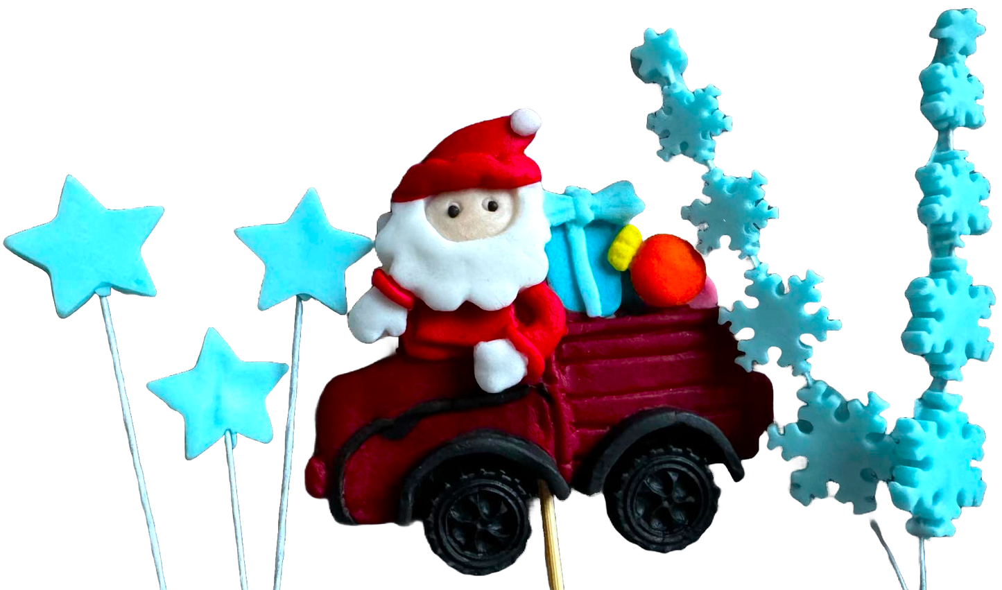 Set mit 6 essbaren Dekorationen aus Zuckerpaste, Weihnachten, Weihnachtsmannauto, Sternen und Schneeflocken. Dekorationen aus Zuckerpaste Naty Shop