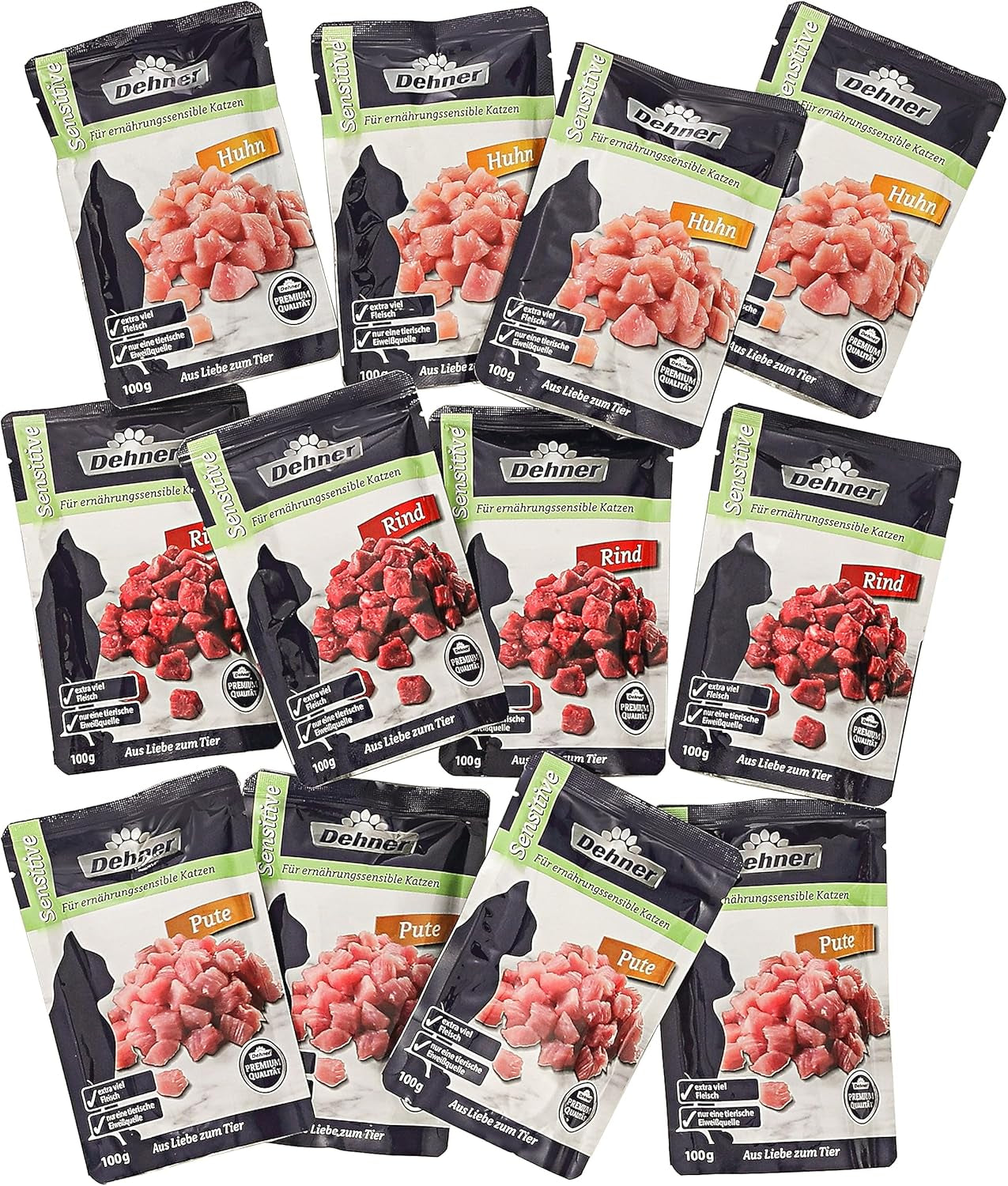 Dehner Premium Katzenfutter Sensitive Multipack, Nassfutter, für ernährungsempfindliche Katzen, je 4 x Huhn / Rind / Pute, 12 x 100 g Beutel (1,2 kg)
