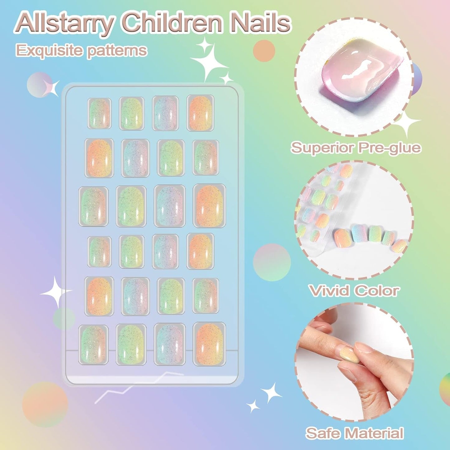 72 Stück vorgeklebte Kindernägel, vollständige Abdeckung, Glitzer, Farbverlauf, Schleife, kurze künstliche Nägel, tolles Geschenk für Kinder und Mädchen, Nagelkunst – Regenbogen-Glitzer