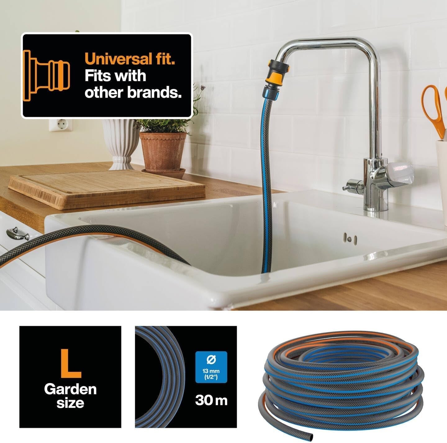 Fiskars L Wasserschlauch, UV-Schutz, druckgeprüft, Torsionssteifigkeit Level 4 (von 5), 30 m, Ø 1,3 cm (1/2"), 4,2 kg, Schwarz/Orange/Blau, 1027105