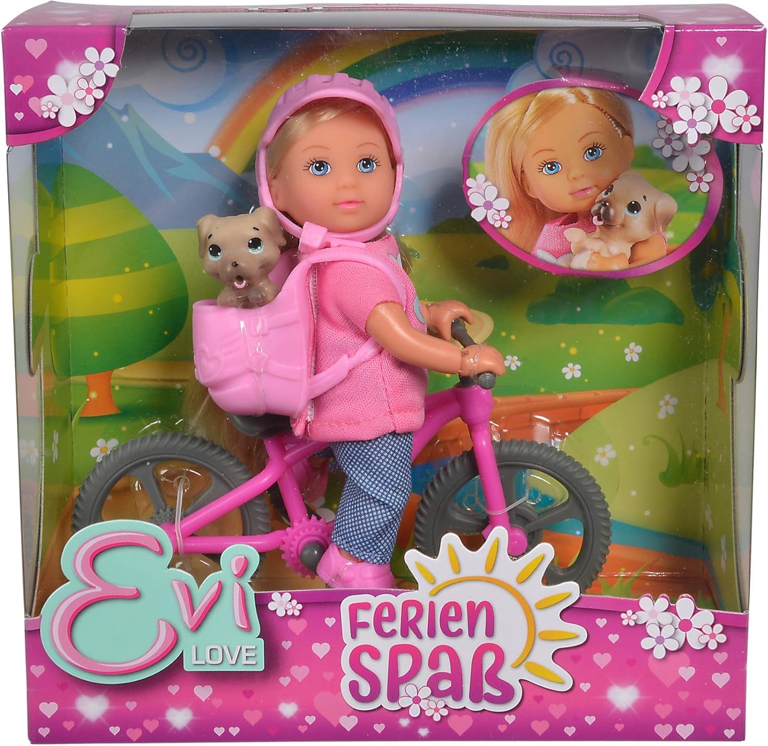 Simba 105733273 – Evi Love Fun Holiday Bike Doll mit Fahrrad, Hund und Rucksack, Modepuppe, 12 cm, für Kinder ab 3 Jahren