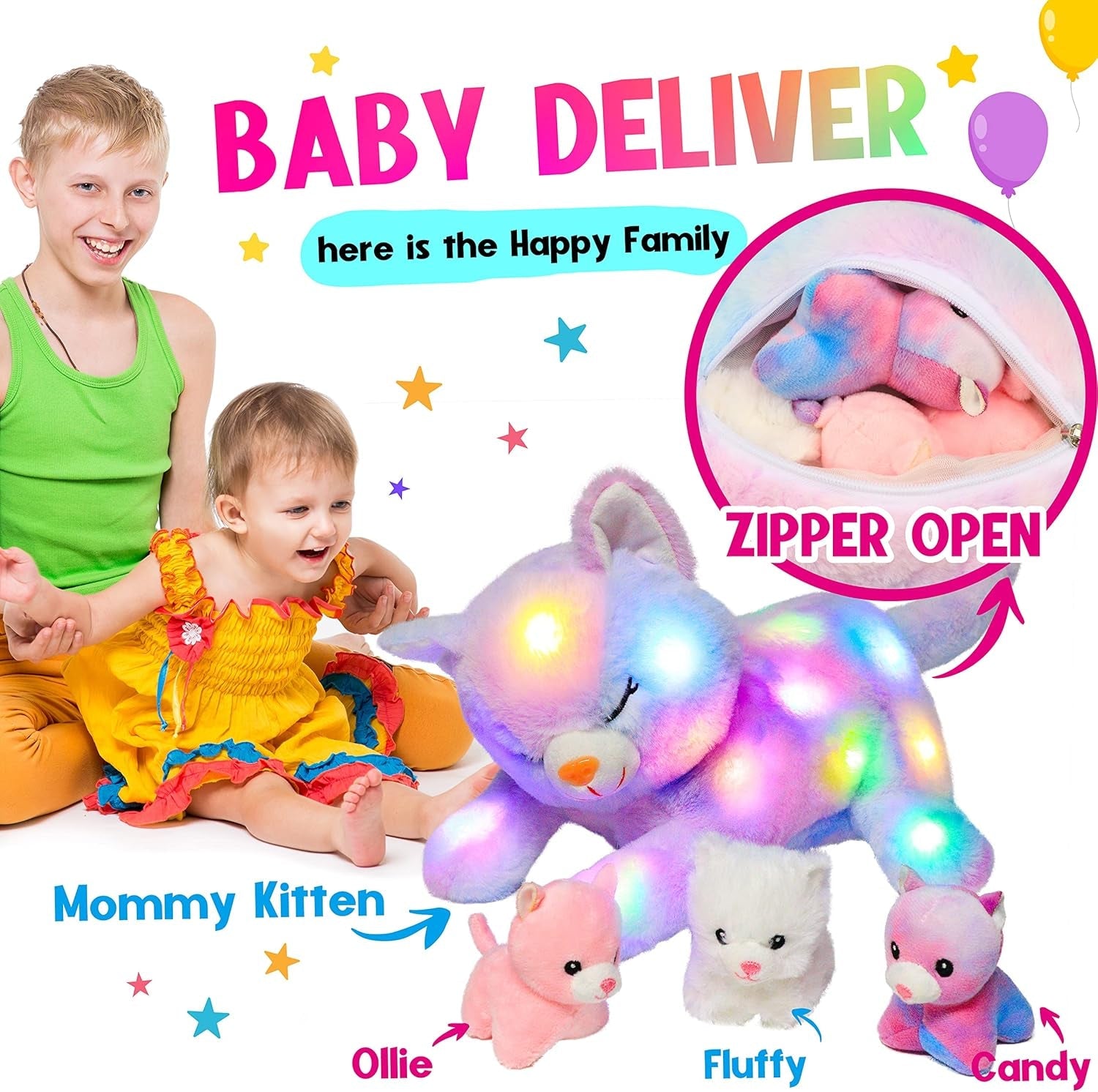 LED-Musik-Plüschkatze, leichtes singendes Spielzeug, Katzenmutter mit 3 Kätzchen im Bauch, animiertes Schlaflied, beruhigendes Spielzeug für Mütter, Kinder, kleine Mädchen, Regenbogen, 45 cm