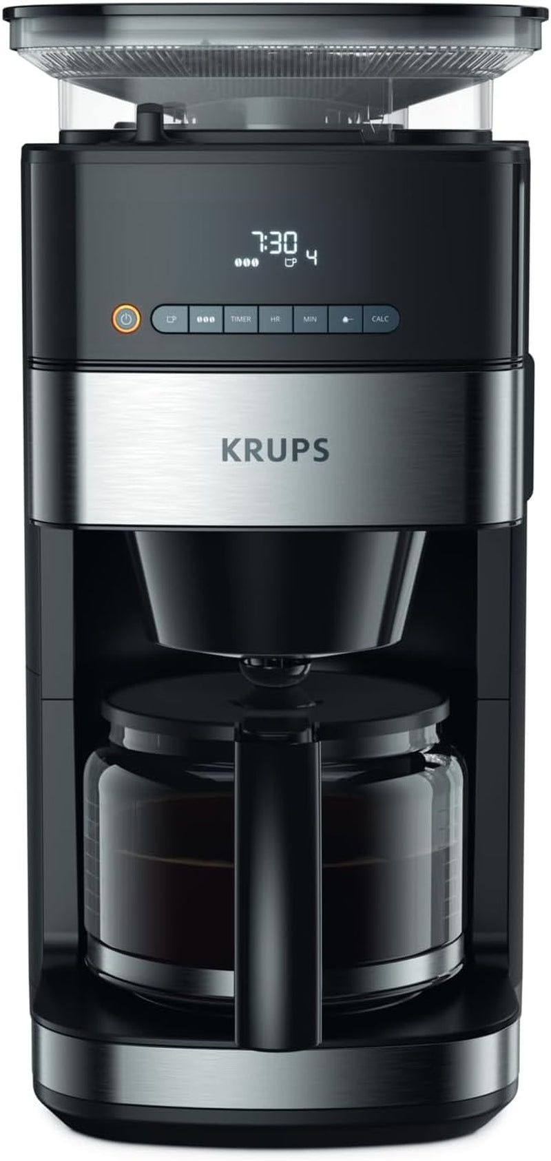 Krups Espressomaschine KM8328 Mahlen mit Mahlwerk | 24-Stunden-Timer | Getreidebehälter 180 g | Fassungsvermögen 1,25 l für bis zu 15 Tassen Kaffee | Automatische Abschaltfunktion | 3 Mahlgradeinstellungen | Schwarz