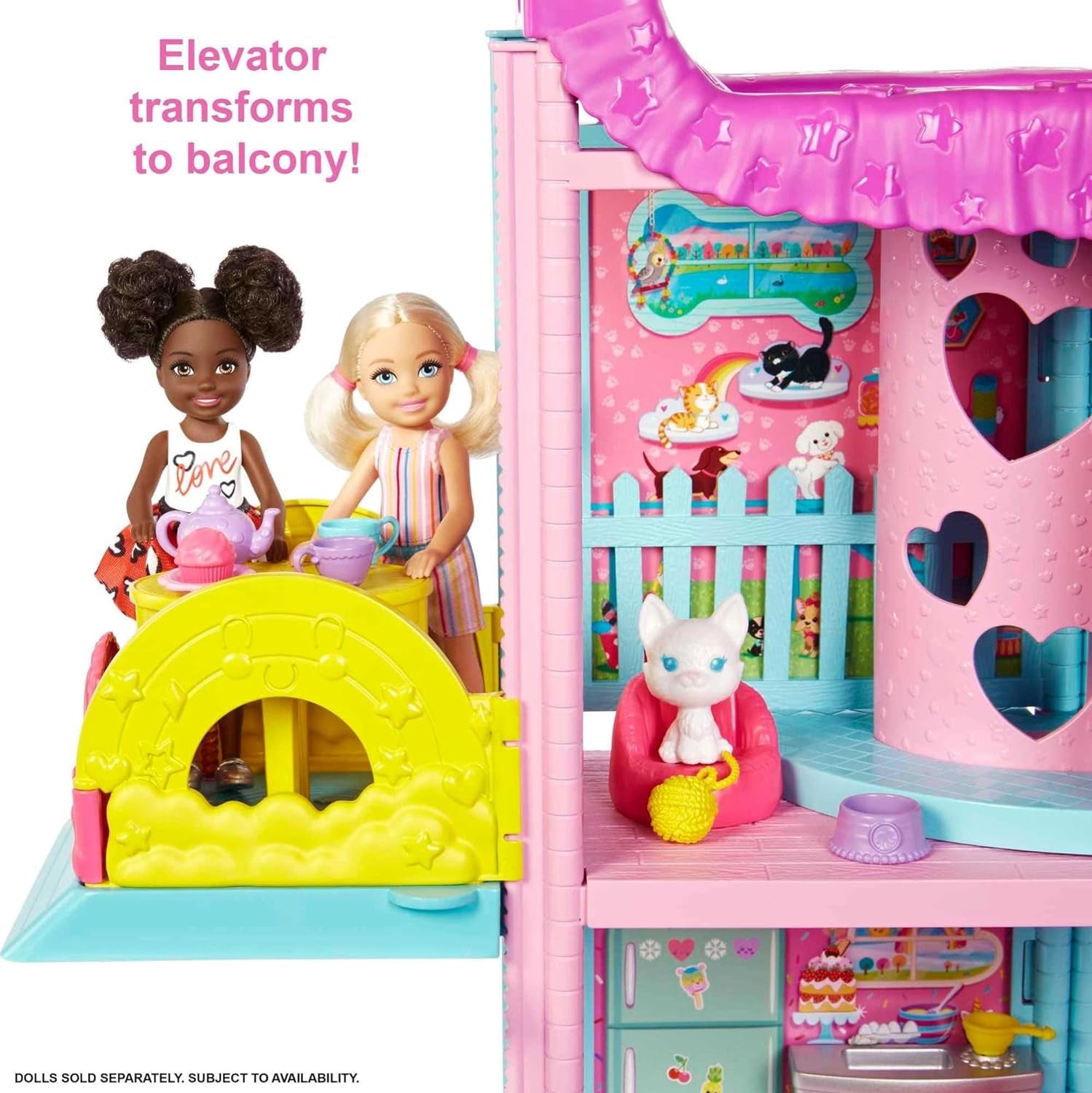 Barbie Chelsea Spielhaus – 3 verwandelnde Etagen, geheime Spielbereiche, Aufzug, Pool, Rutsche, 2 Haustiere und mehr als 20 Zubehörteile, ab 3 Jahren, HHX44