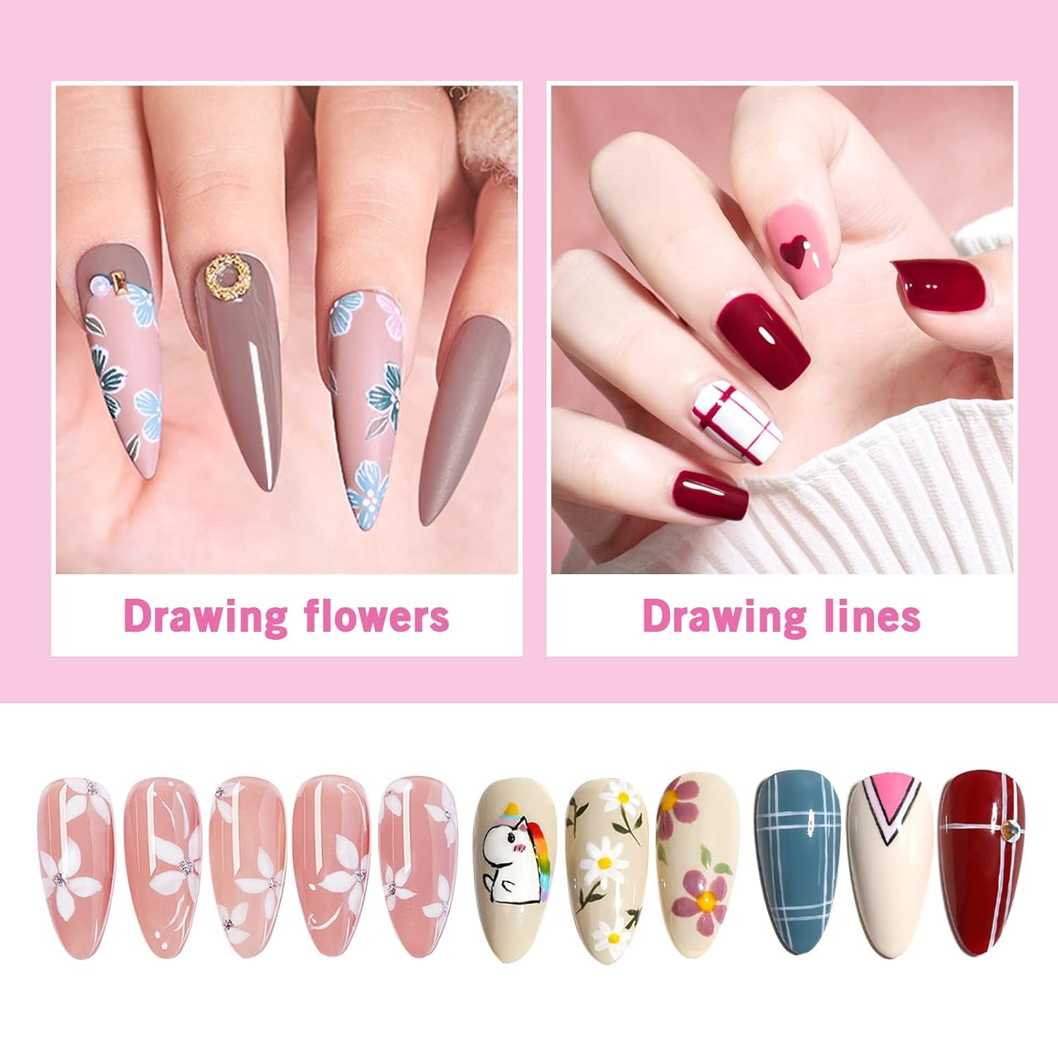 Sularpek Nail Art Liner Pinsel, 5 Stück Profi Detail Fine Nails Gel Nails Pinsel, Nagel Pinsel Dünn Für Beauty Frauen Nagelstudio (5 Größen, Rosa)