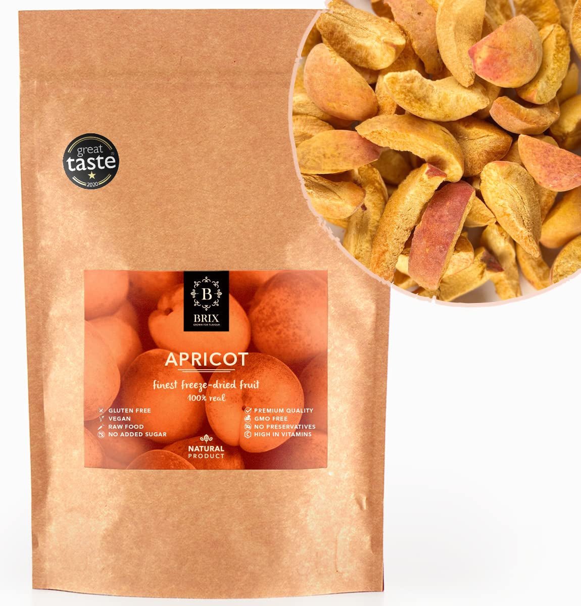 Gefriergetrocknete Aprikosen BRIX | Natürliche, getrocknete Aprikosen 85 g | Great Taste Award für Trockenfrüchte, getrocknet | GVO-frei, glutenfrei, vegan, konservierte Vitamine Naty Shop Dehydrierte Produkte Standardtitel