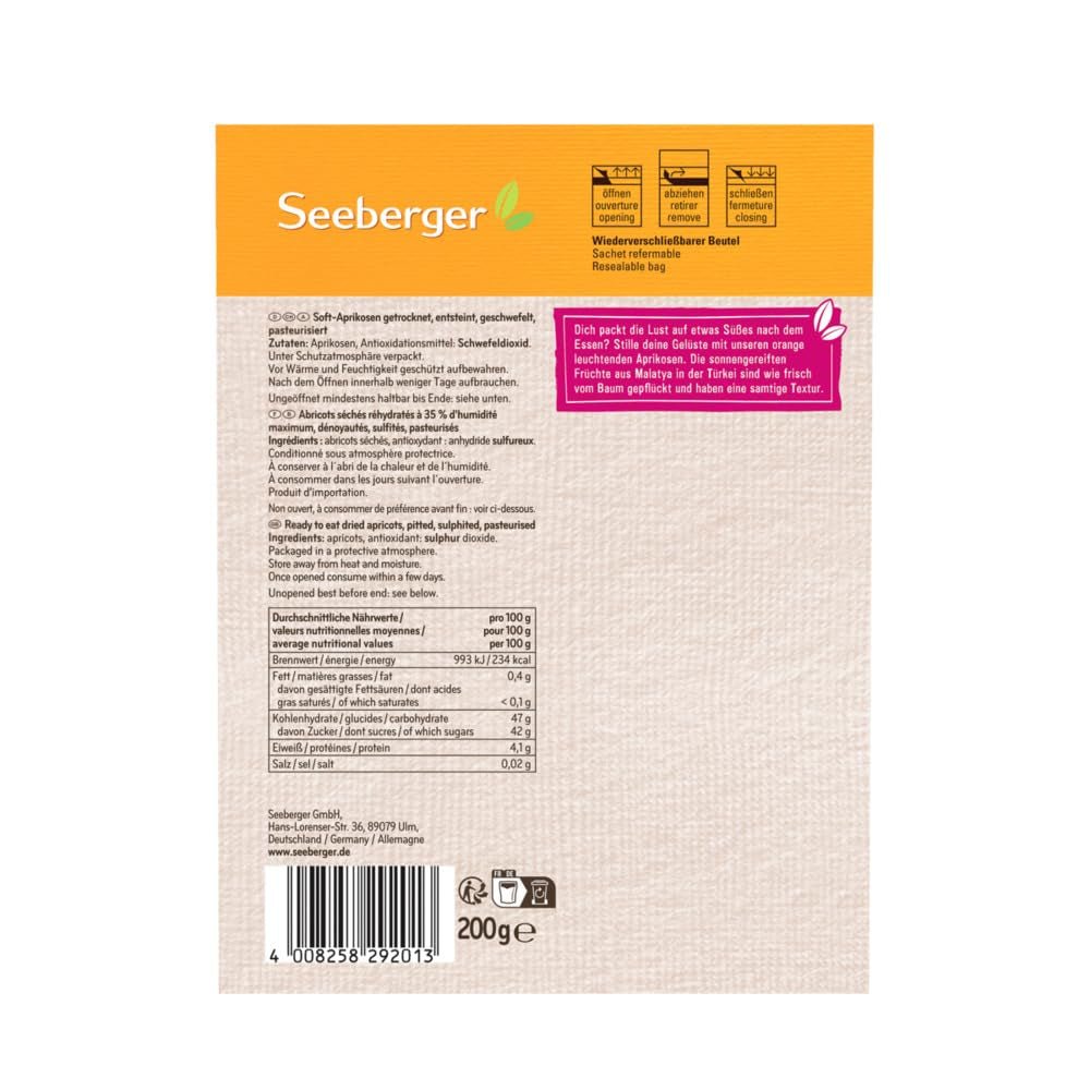 Seeberger Soft Apricots: Köstlich weiche und saftige Aprikosen – süße und samtige Textur – ohne Zuckerzusatz – getrocknet – entkernt, vegan (1 x 200 g) Dehydrierte Produkte Naty Shop